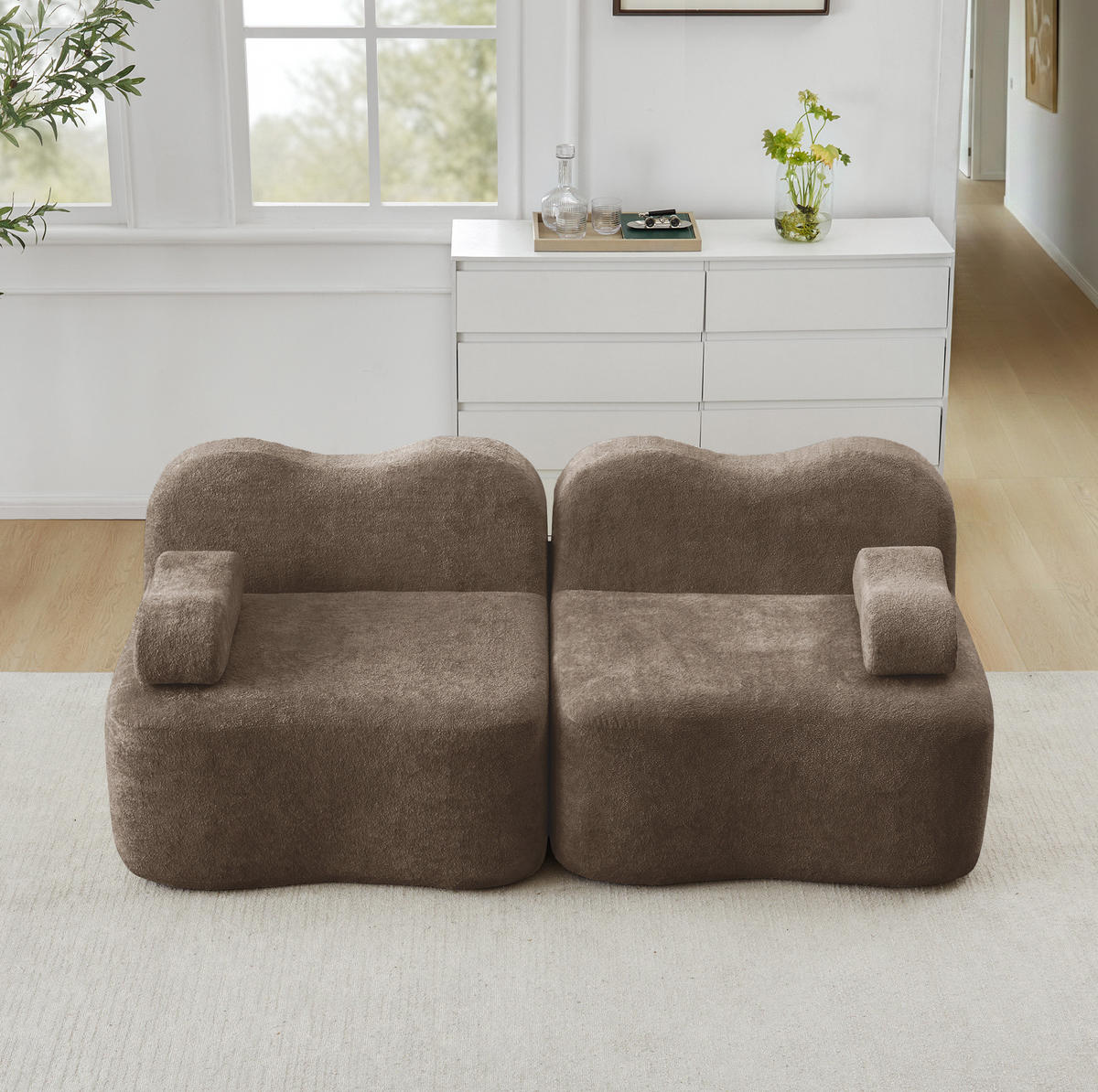 2-SITZER sofa rahmenlos mit Wellenform, tiefer Sitzfläche und flexiblem Hocker, Braun - Braun, Textil (192/70/98cm) - Redom