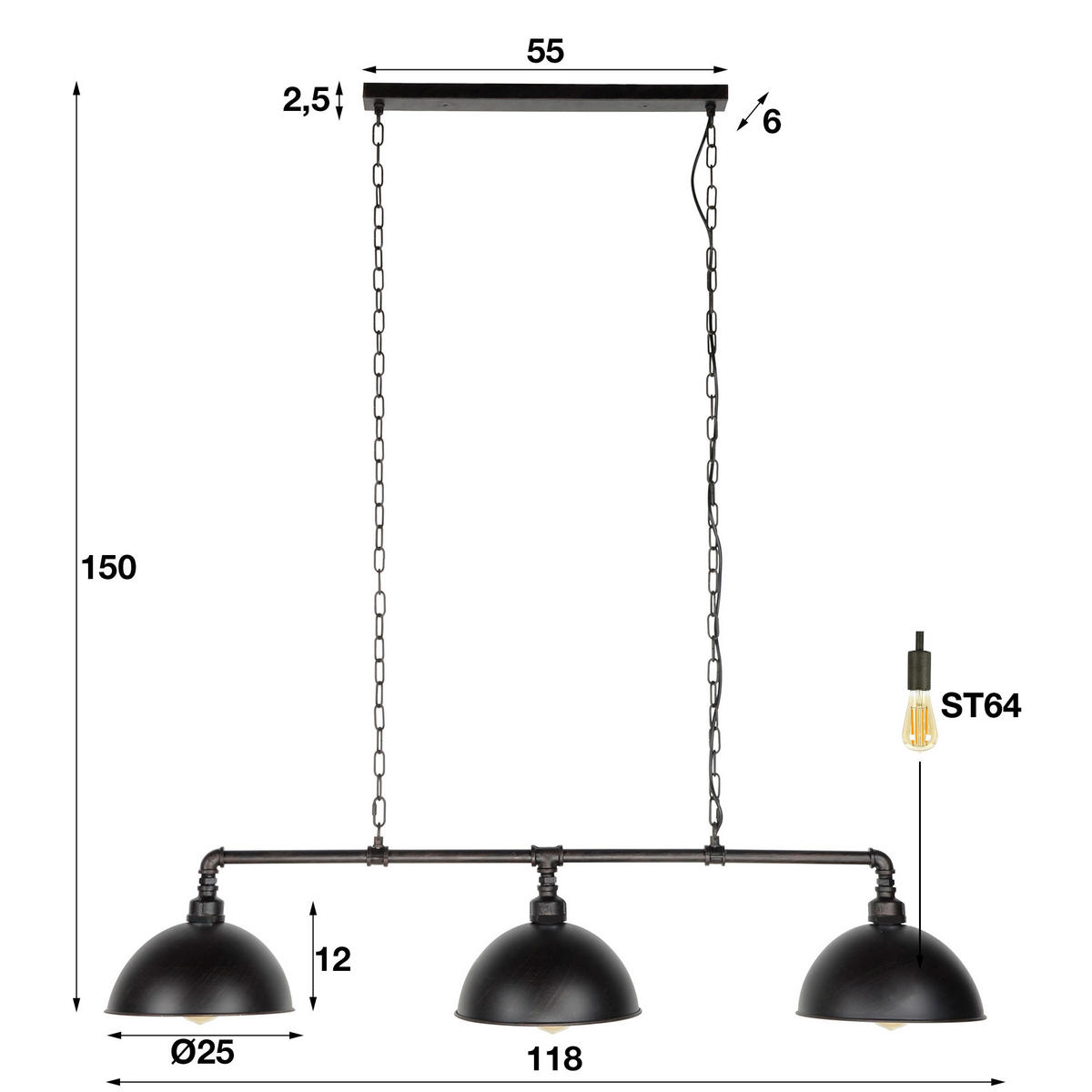 HÄNGELEUCHTE Tube Grau 118/25/ 150 cm - Grau, Metall (118/25/150cm) - Hoyz Collection
