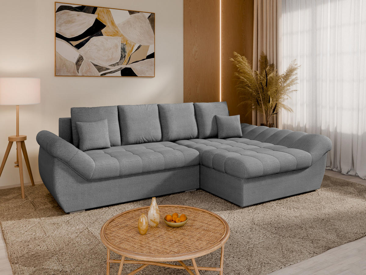 ECKSOFA ZAYA mit Schlaffunktion L-Form, Sofa mit Bettkasten, Wohnzimmersofa, Couch, Soffa, Bettsofa, RECHTS- Grau - Grau, Holz (279/175cm) - Homesy