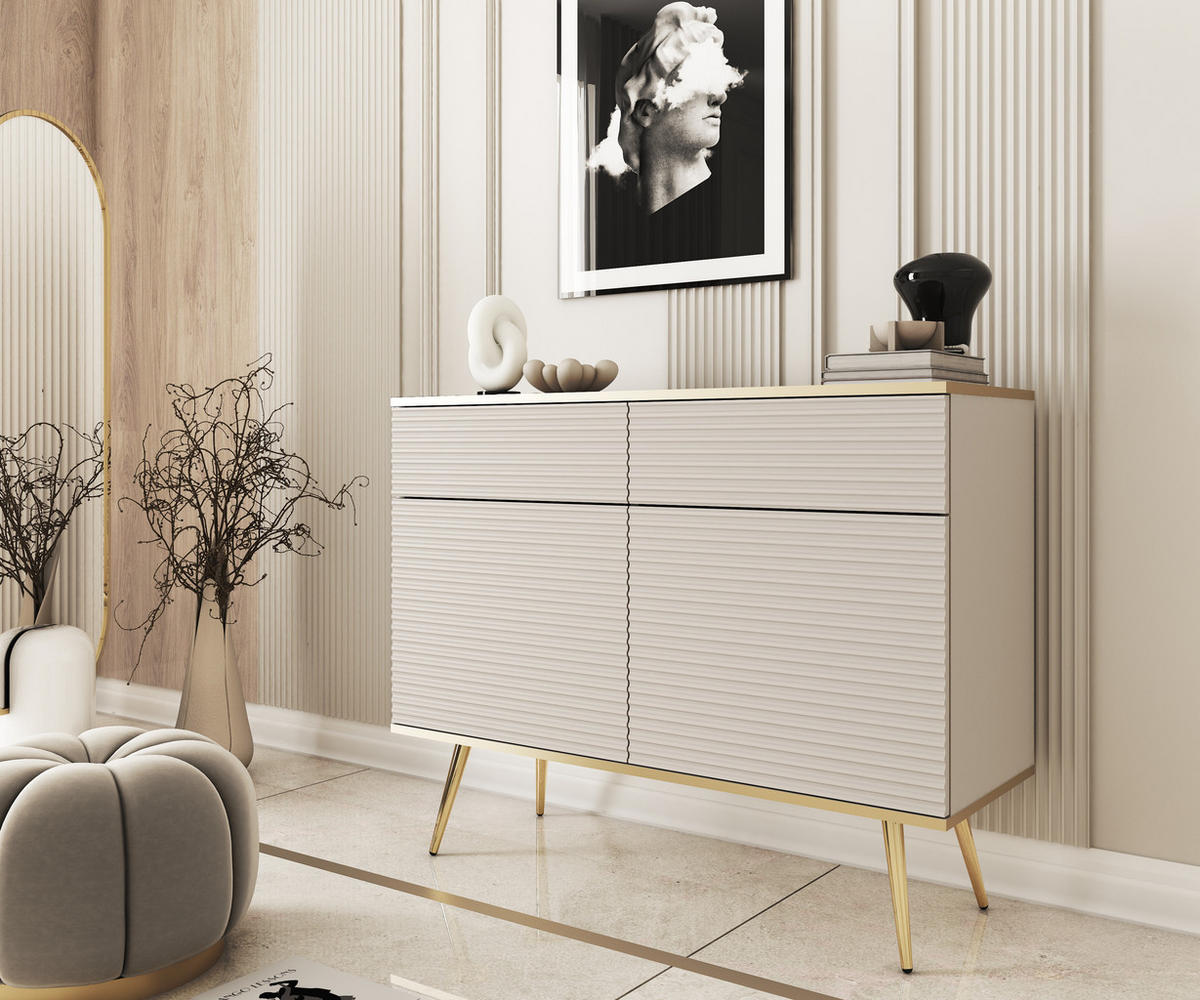 SIDEBOARD BANFF KOM3-2D2S Goldene Metallbeine, geriffelte Fronten, Beige - Beige, Holzwerkstoff/Kunststoff (107/85/39cm) - Komodee