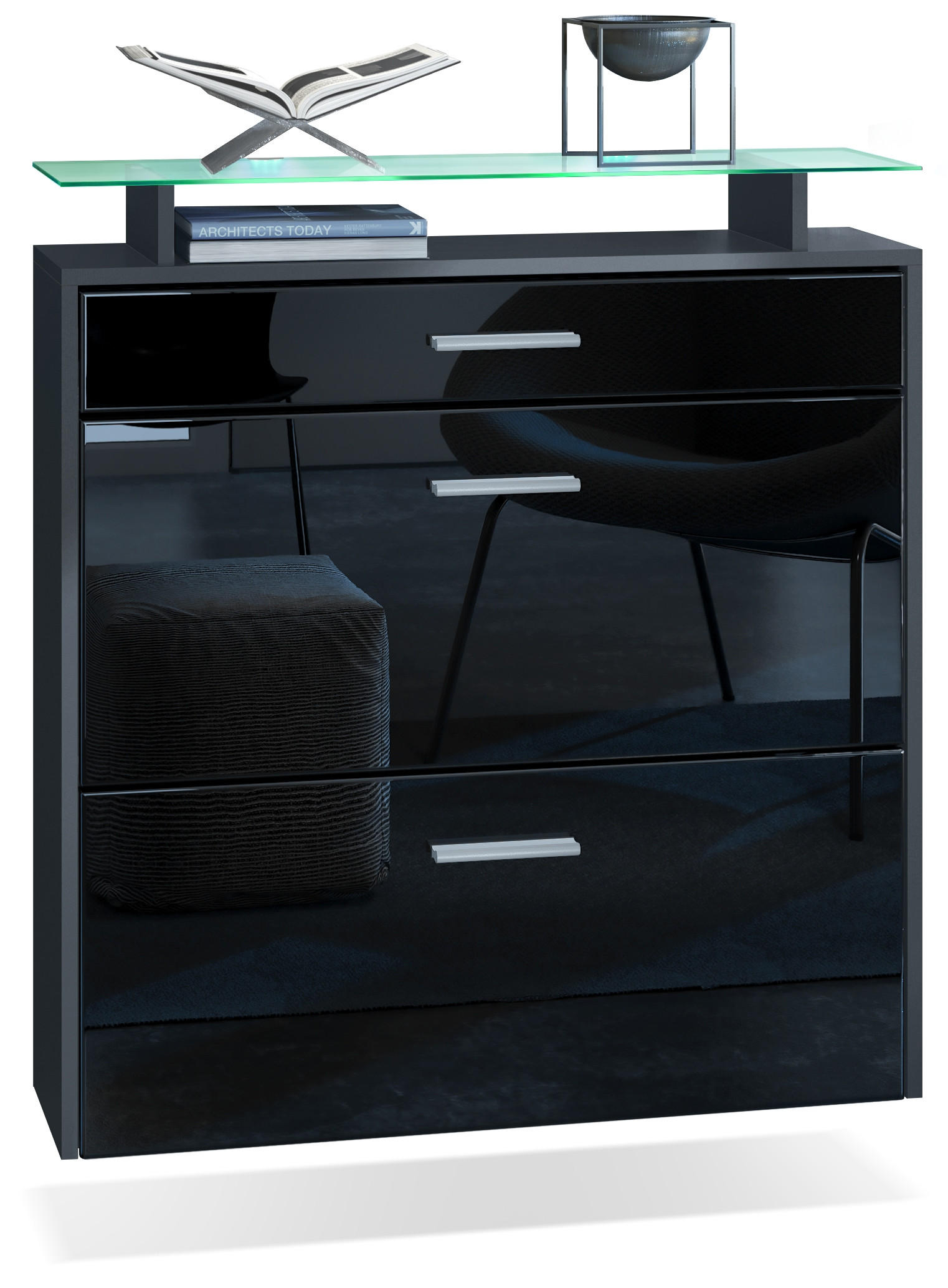 SCHUHSCHRANK Malea Fronten in Schwarz Hochglanz - Schwarz Hochglanz, Holzwerkstoff (89/96/23cm) - Vladon