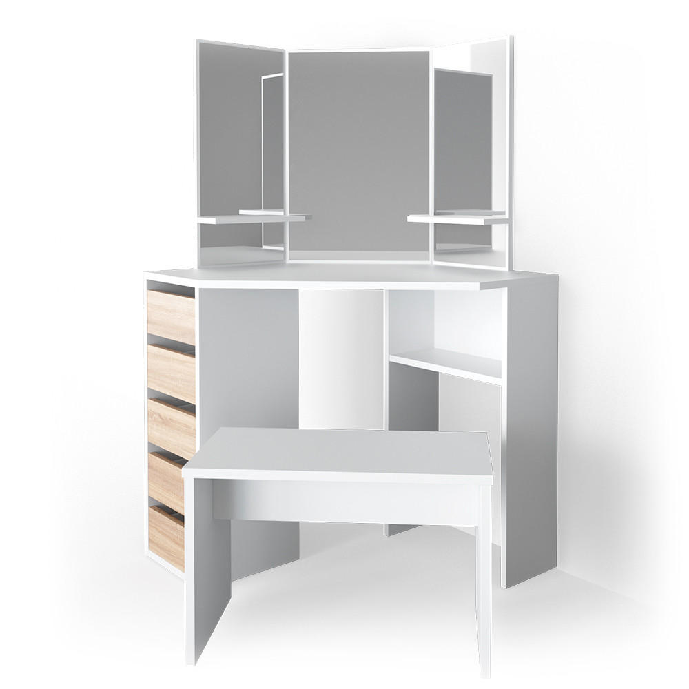 ECKSCHMINKTISCH Arielle Weiß/Sonoma 110 cm mit Bank - Weiß/Sonoma Eiche, Holzwerkstoff (110/141.5/54cm) - Vicco