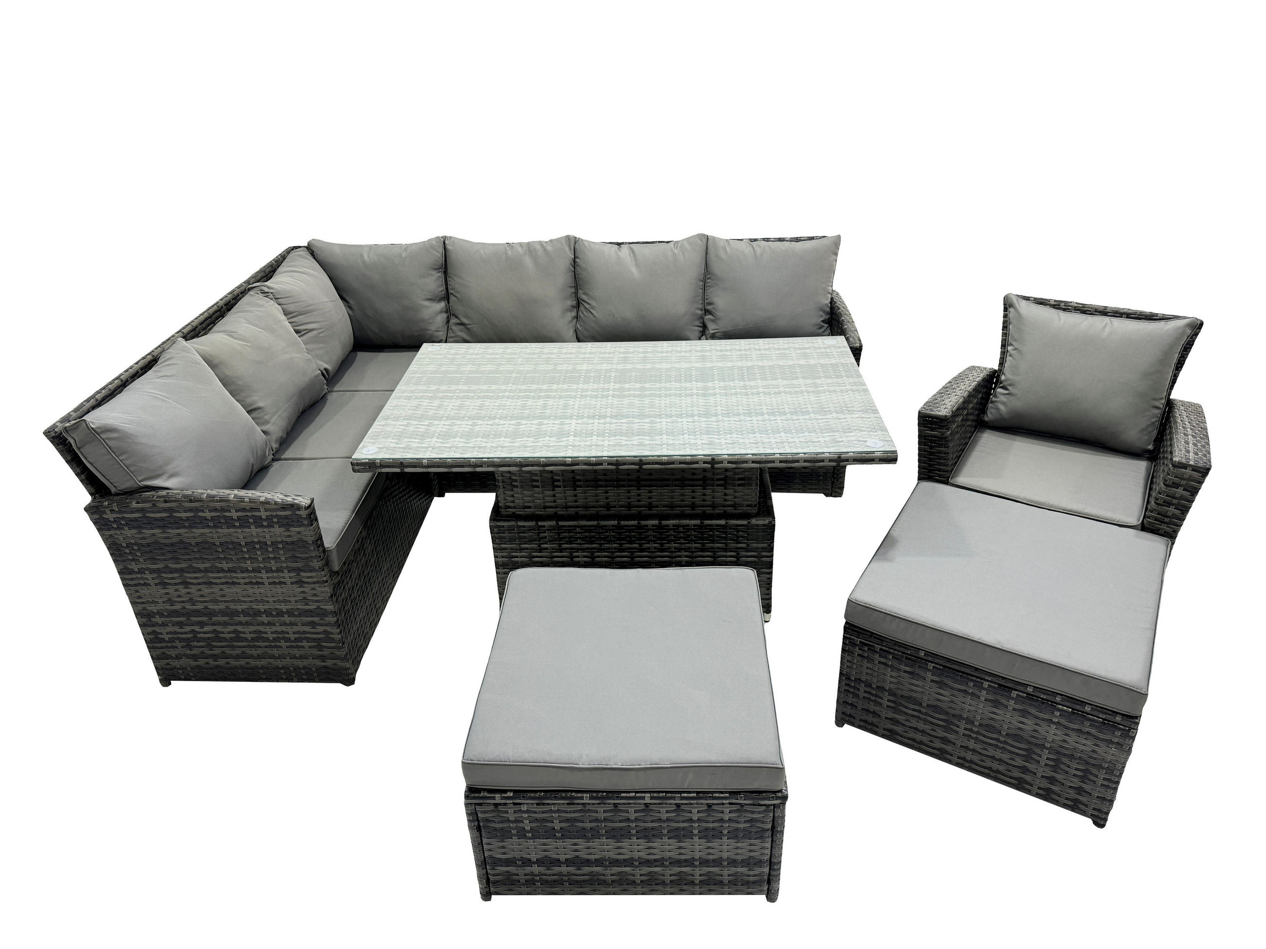 GARTENSET mit Höhenverstellbarer Tisch, 2 Fußhocker, Stuhl Polyrattan Dunkelgrau 9-Sitzer - Dunkelgrau/Grau, Glas/Kunststoff - Fimous
