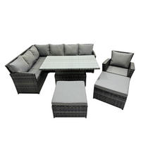 GARTENSET mit Höhenverstellbarer Tisch, 2 Fußhocker, Stuhl Polyrattan Dunkelgrau 9-Sitzer - Dunkelgrau/Grau, Glas/Kunststoff - Fimous