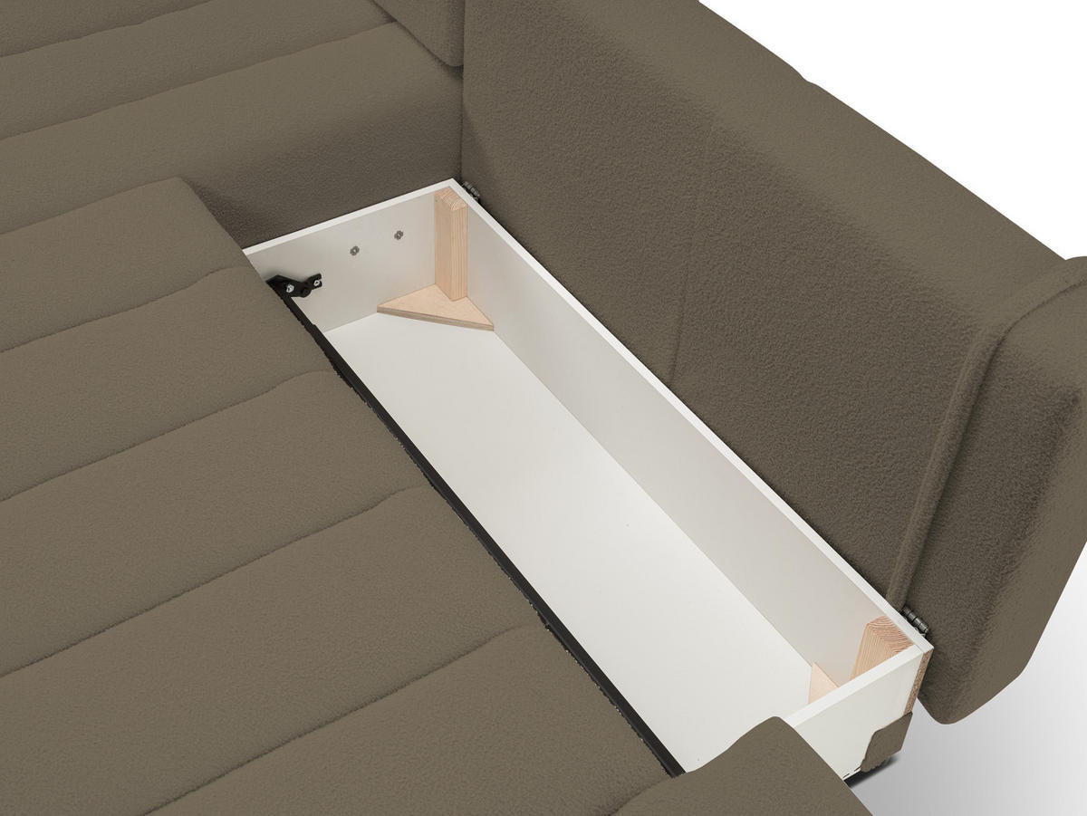 ECKSOFA Baloo mit Schlaffunktion und Bettkasten, komfortable Polsterung, Stoffbezug, lose Rückenkissen, freistehend, LINKS, 176x276x88 cm, Light brown - Hellbraun, Holz/Textil (176/276cm) - DomoHome