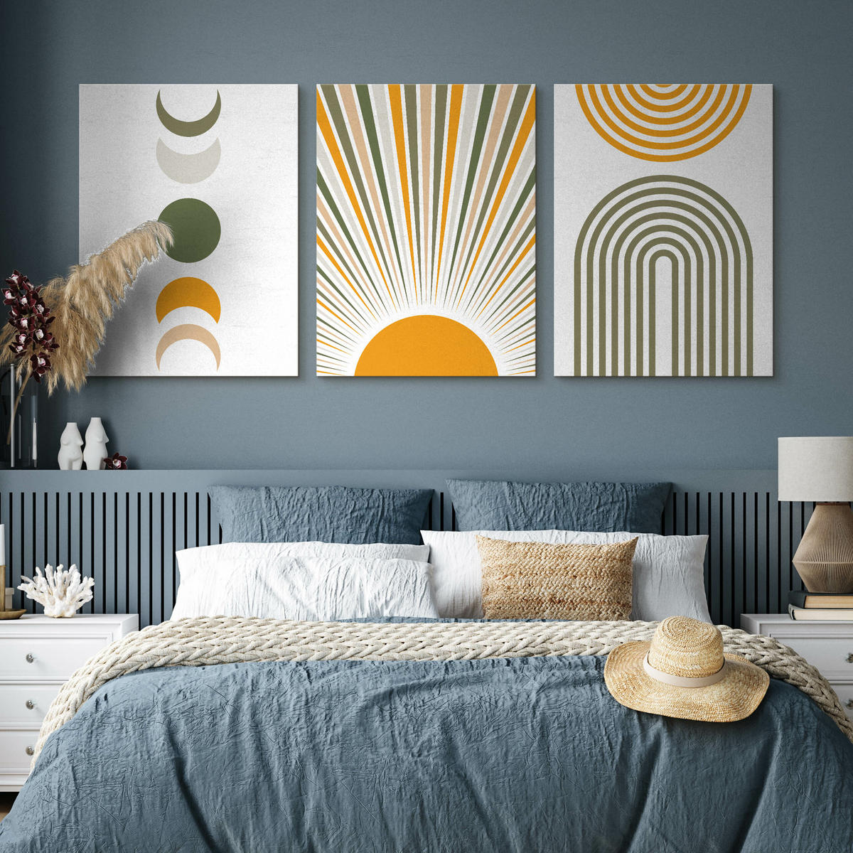LEINWANDBILDER 3-es Set Geo-Muster Boho - Weiß/Orange, Textil (90/40cm) - Muralo