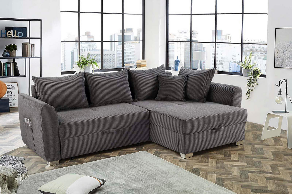 ECKSOFA mit Schlaffunktion und Bettkasten, seitenverkehrt montierbar B236/T160/H81 cm, Liegefl. 142x202 cm, Cord Grau Anthrazit / 15202 - Chromfarben/Schieferfarben, Kunststoff/Textil (236/160cm) - luma-home