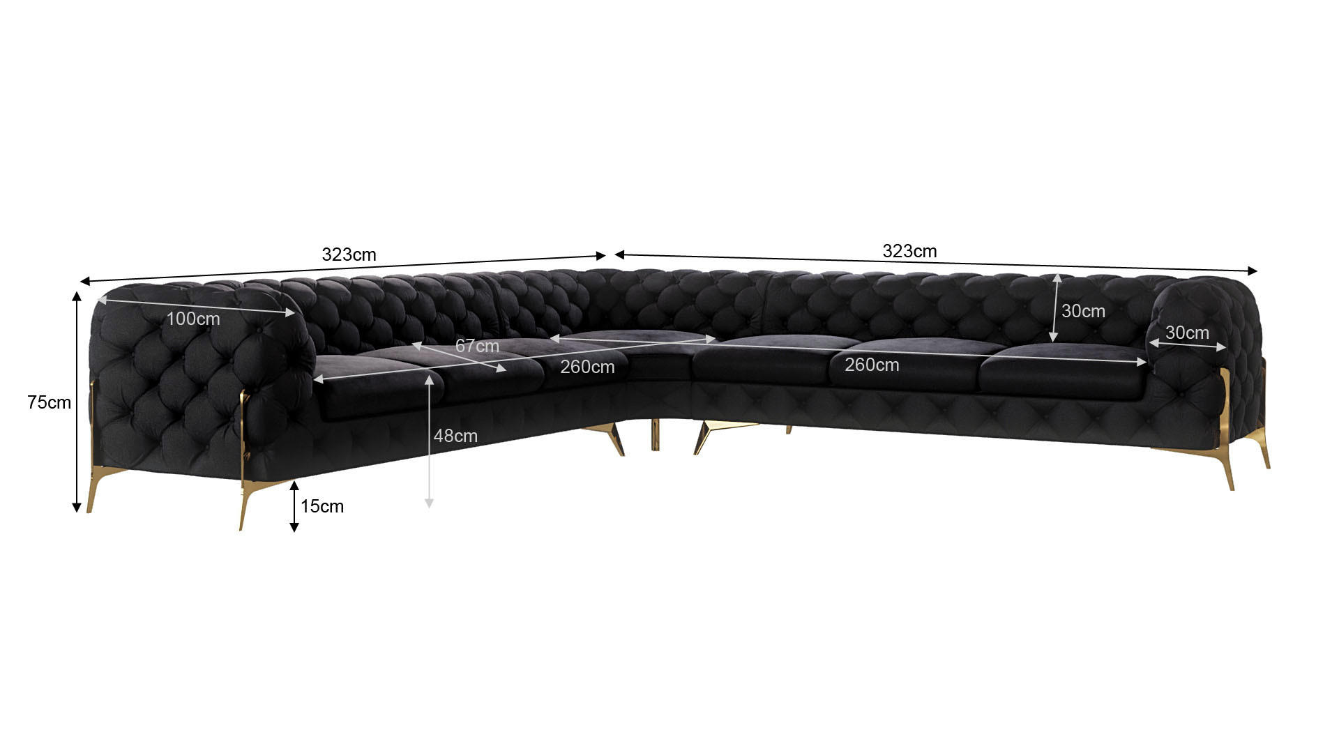 ECKSOFA Chesterfield Lexi Schwarz Samt - Goldfarben/Schwarz, Holz/Textil (323/323cm) - S-Style Möbel