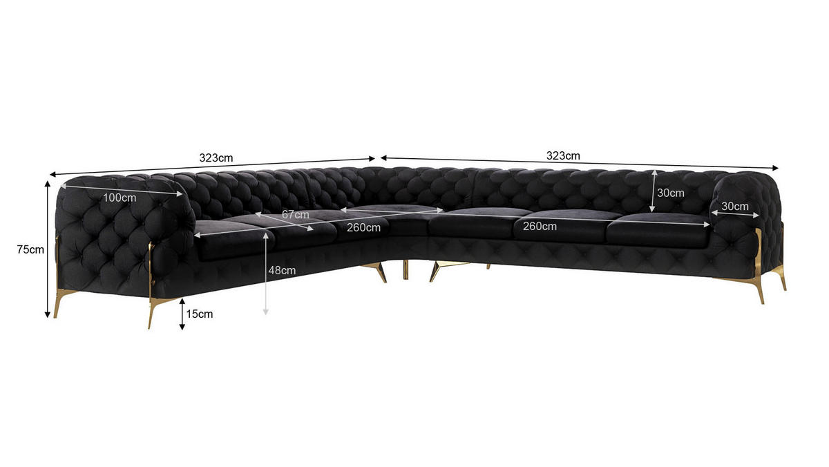 ECKSOFA Chesterfield Lexi Schwarz Samt - Goldfarben/Schwarz, Holz/Textil (323/323cm) - S-Style Möbel