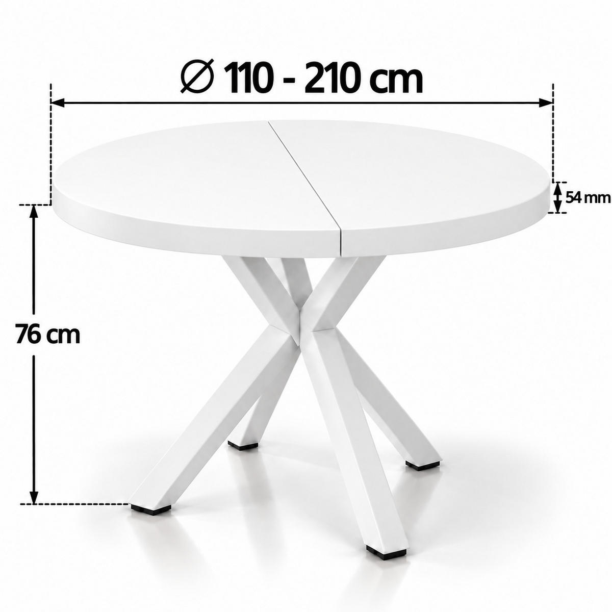 ESSTISCH rund ausziehbar 110/210/76 cm, Weiß, 54 cm Tischplatte + Metall Weiß - Weiß, Holzwerkstoff/Metall (110/210/76cm) - Damale Möbel