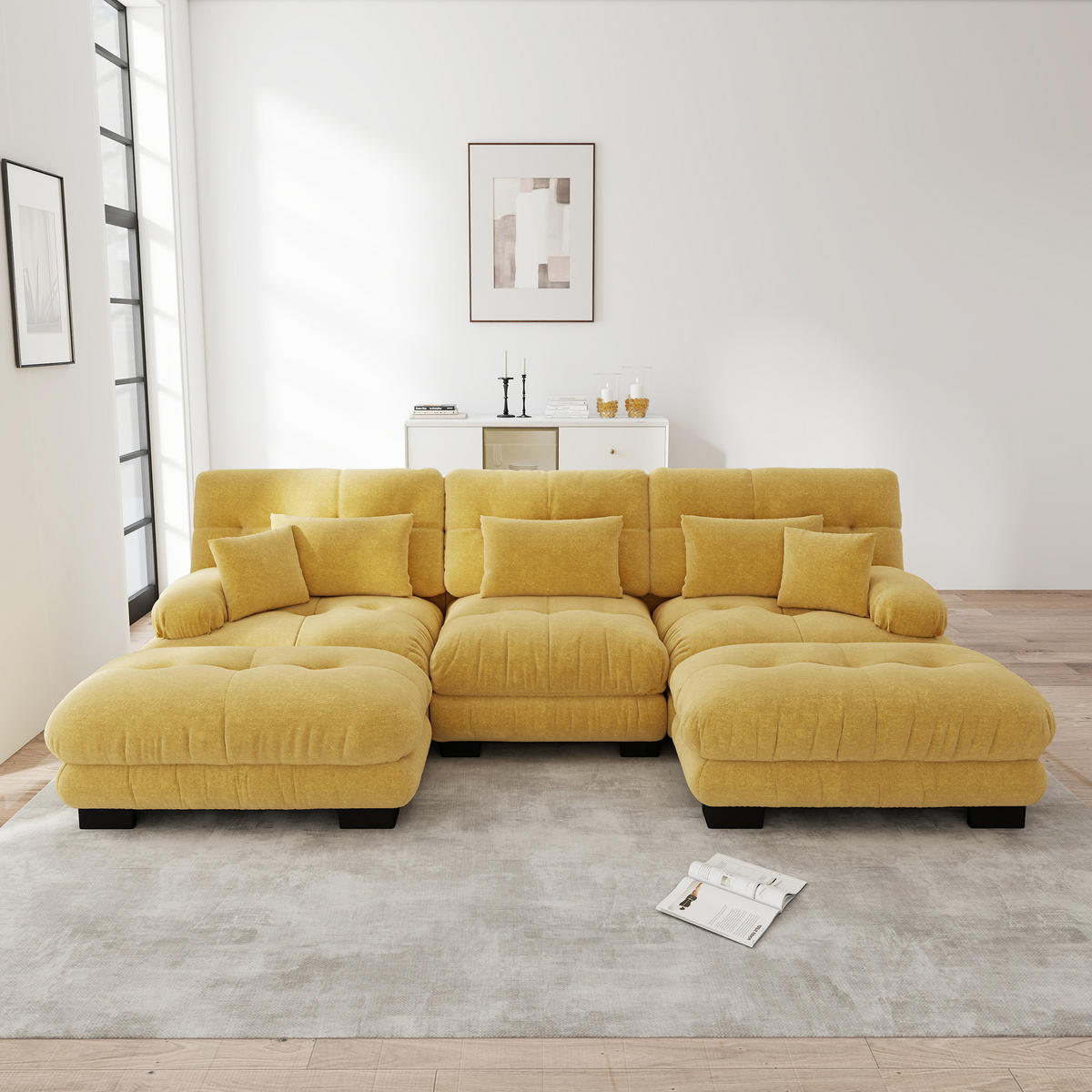 WOHNLANDSCHAFT Chenille Gelb mit Ottomane - Gelb, Textil (313/81/145cm) - WISHDOR