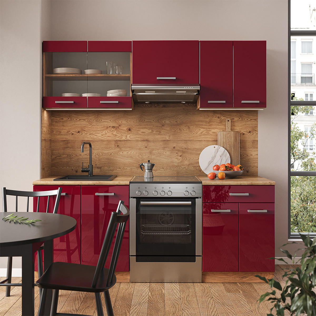 KÜCHENZEILE R-Line Rot Hochglanz/Goldkraft Eiche 200 cm AP Marmor - Rot/Eiche Wotan, Holzwerkstoff (200/81.6/60cm) - Vicco