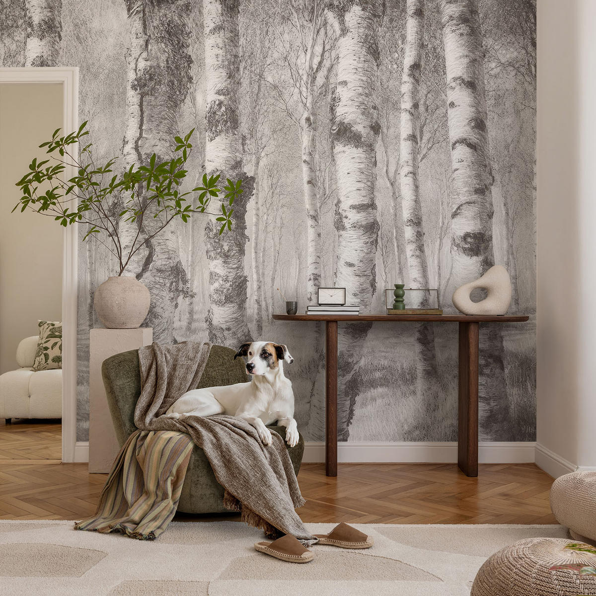 FOTOTAPETE 104x70 cm - Birkenwald - Schwarz, Textil (104/70cm) - Wallfluent