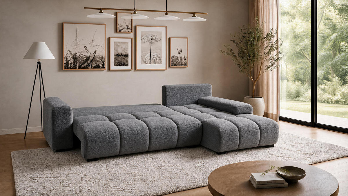 ECKSOFA Ovia mit Bettkasten und Schlaffunktion, Bouclé-Stoff in L-Form - Dunkelgrau, Textil (270/185cm)