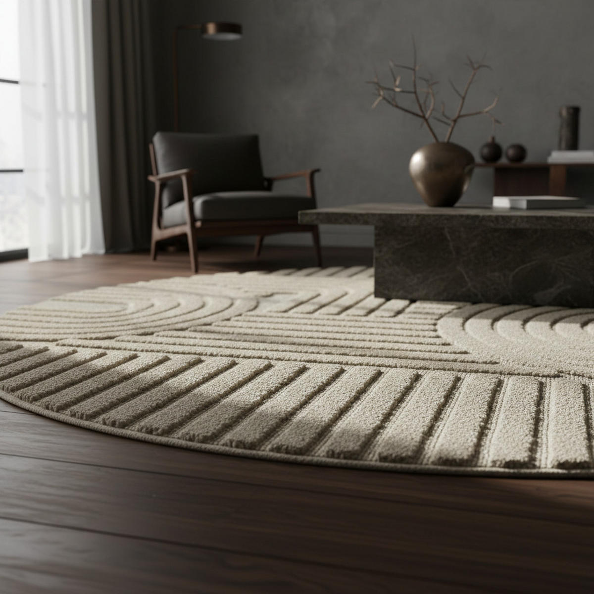 TEPPICH Esszimmer 3D Skandinavischer Boho Elegant Waschbar Wohnzimmer Rund Beige 200x200 cm – RIGI - Beige, Textil (200/200cm) - KADIMA DESIGN