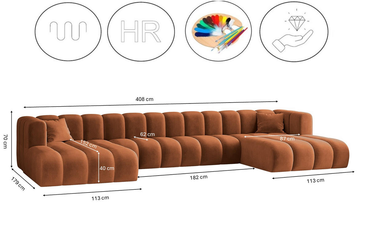 ECKSOFA, U-from, Sofa Grand U XL modular stoff Salvador Braun - Braun, Holz (179/408cm) - Kaiser Möbel