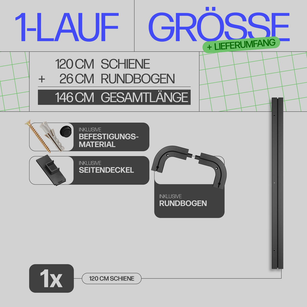 GARDINENSCHIENE inkl. Rundbögen 120cm 1-läufig - Schwarz, Kunststoff (6/1.8/120cm)