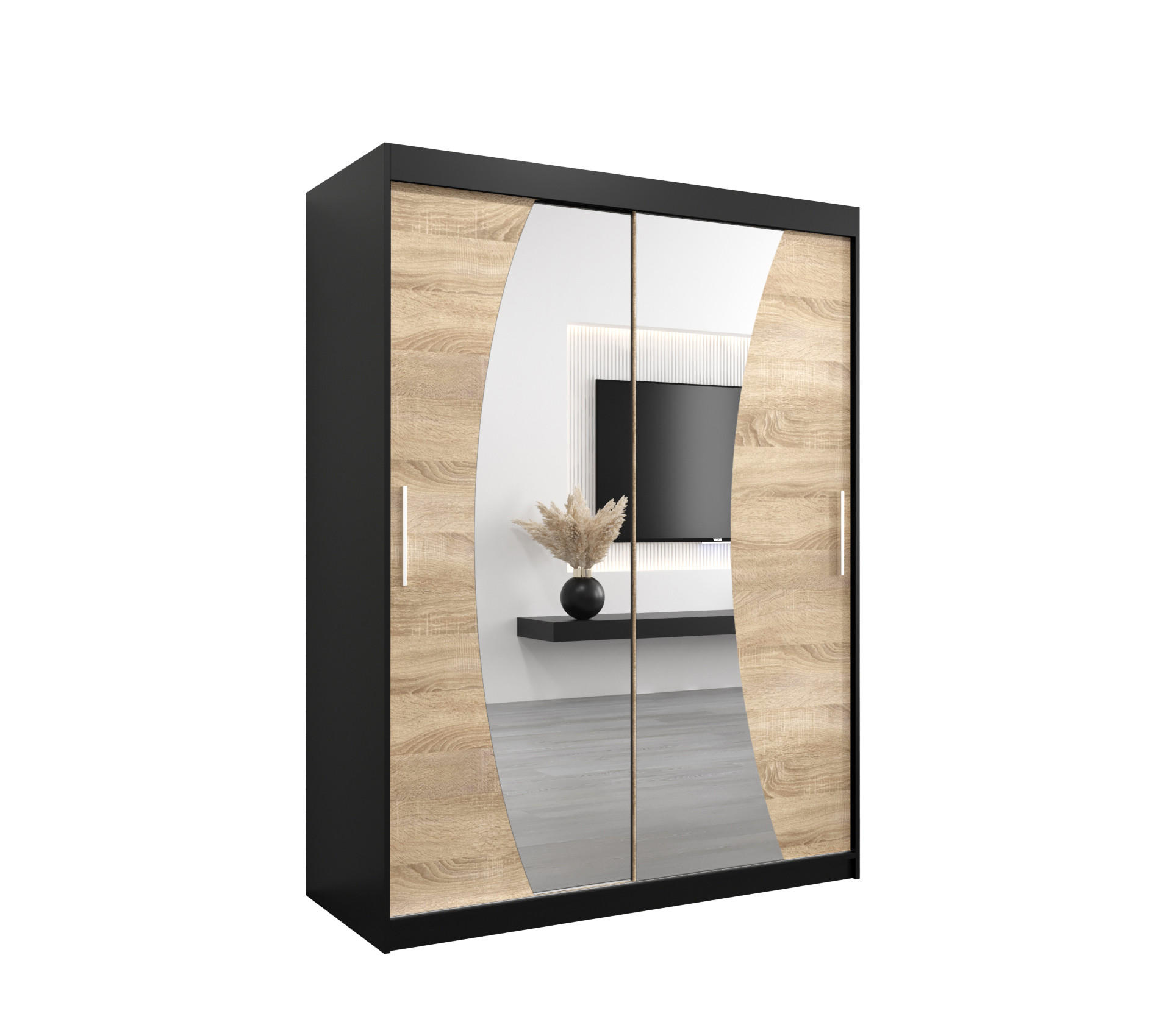 Abiks Möbel Schwebetürenschrank Schwarz, Sonoma Eiche 150x200x62 cm