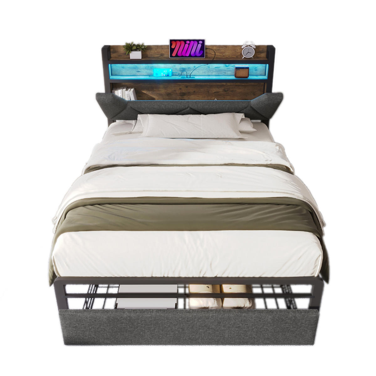 POLSTERBETT 90/200 cm Grau mit Stauraum-Kopfteil und LED-Beleuchtung - Grau, Textil (90/200cm) - OKWISH