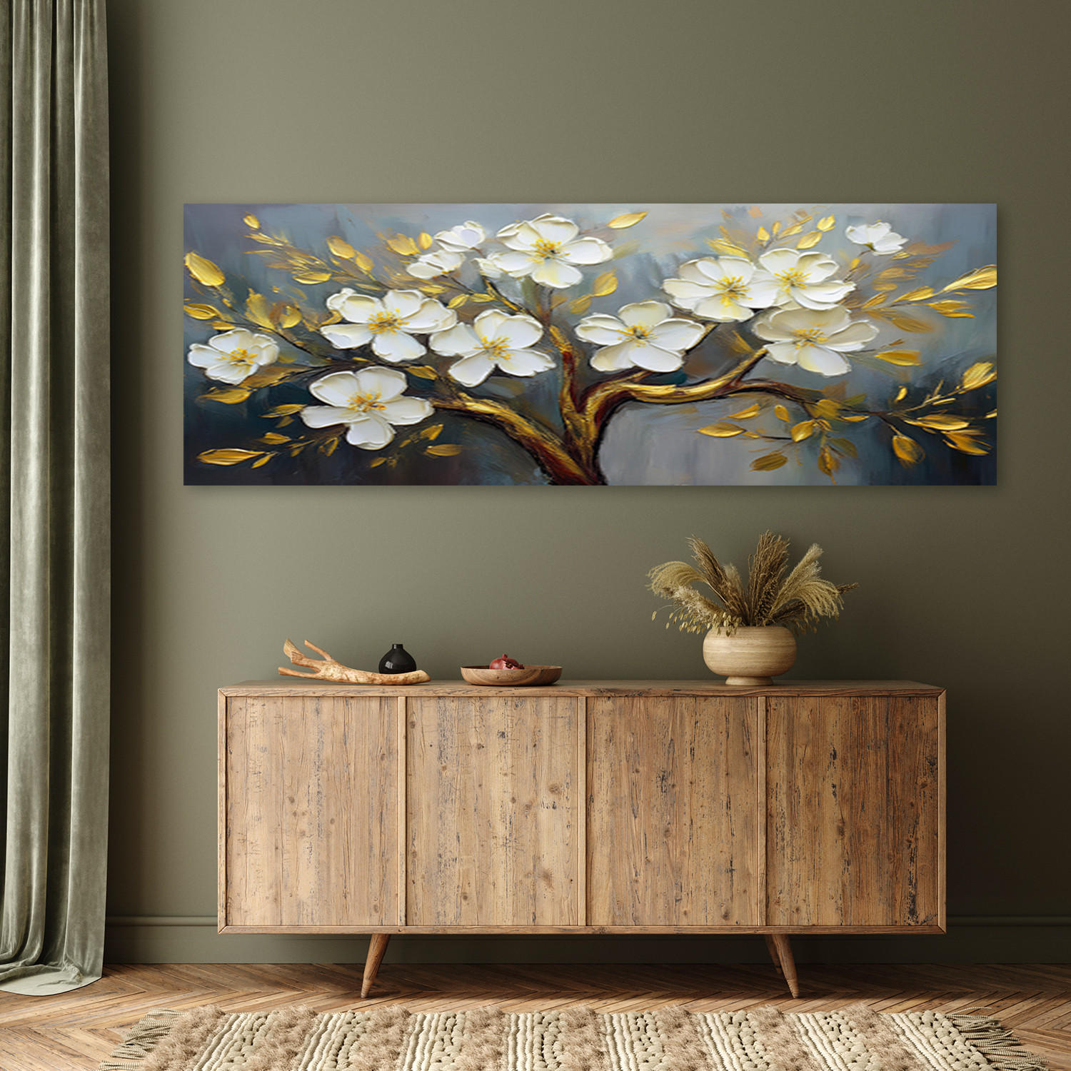 WANDBILD weiße blumen pflanzen baum - Weiß, Textil (90/30cm) - Feeby