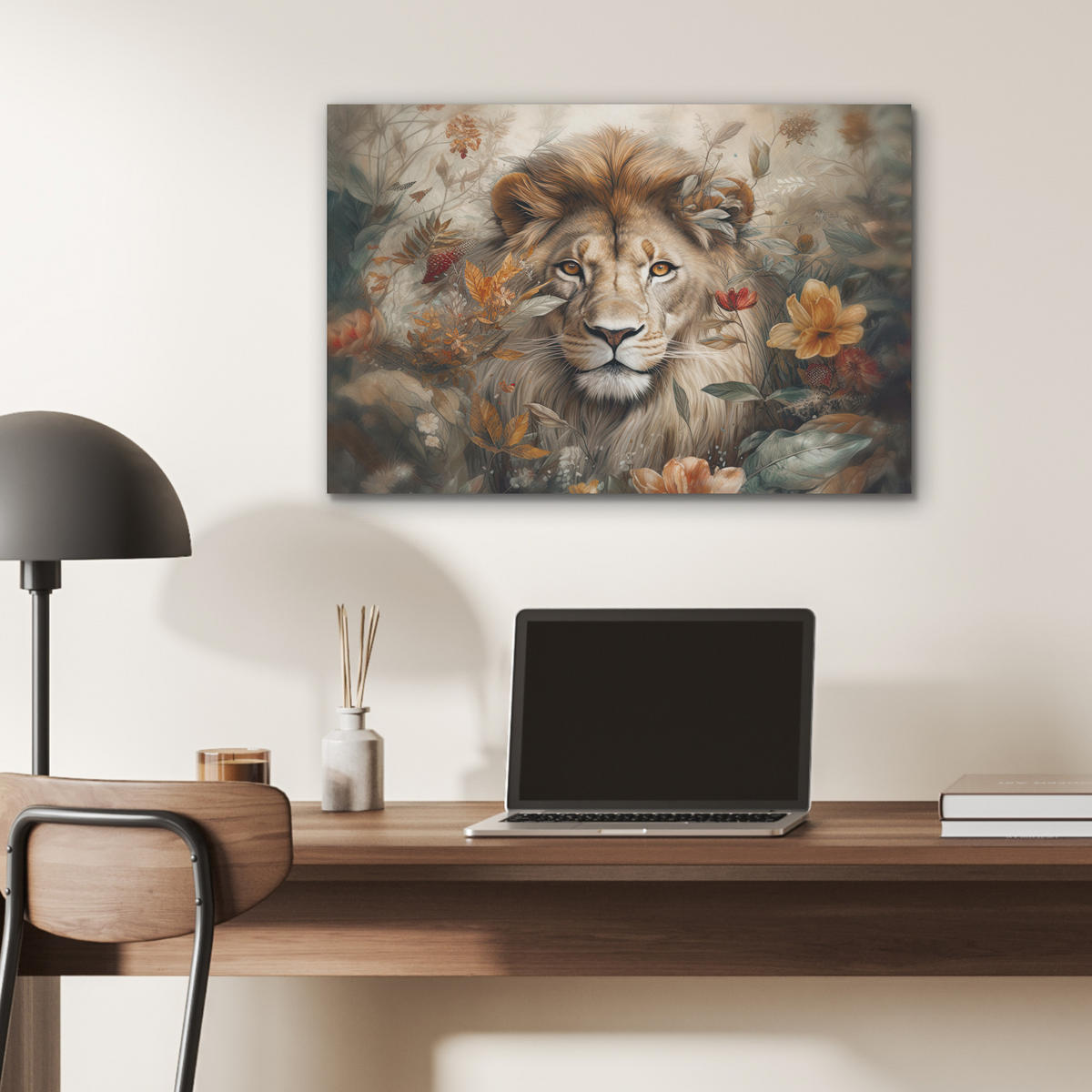 AKUSTIKBILD Löwe - Wildtiere - Pflanzen - Natur - Blumen Wanddeko 70x50 cm - Beige, Kunststoff (70/50/0.9cm) - MuchoWow