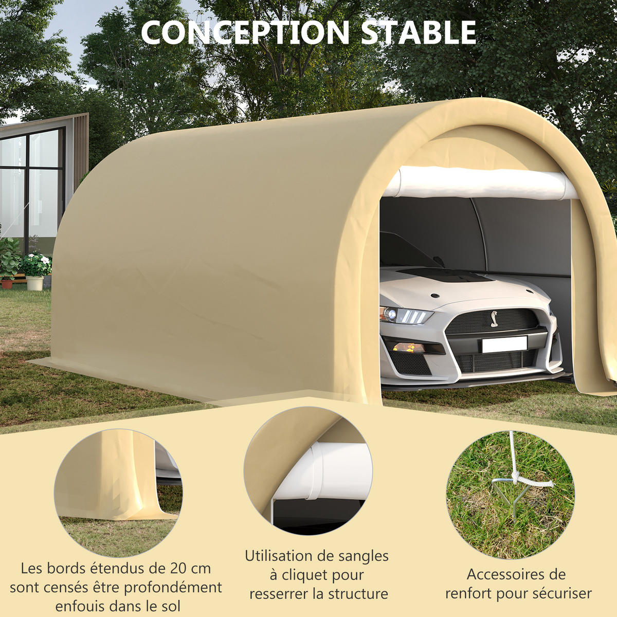 CARPORT DE-12612 500/300/240 cm 190 g/m² mit abnehmbaren Seitenwänden Beige - Beige, Kunststoff (300/240/500cm) - ComfortXL