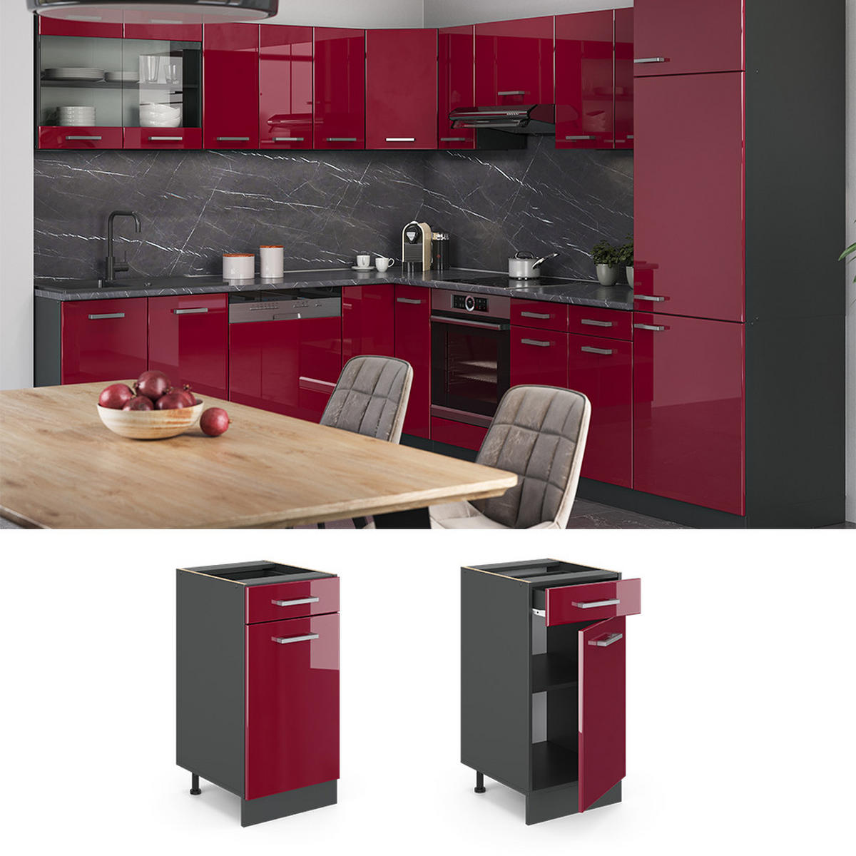 KÜCHENUNTERSCHRANK R-Line Rot Hochglanz 40 cm ohne Arbeitsplatte - Anthrazit/Rot, Holzwerkstoff (40/81.6/46cm) - Vicco
