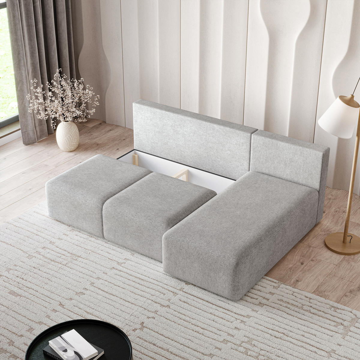 ECKSOFA TRAMA Blau Geflochtener Stoff mit Schlaffunktion - Blau, Holz (200/143cm) - MASSENO