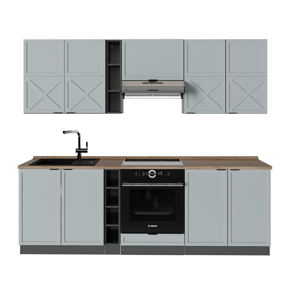 KÜCHENZEILE Fame-Line Hellblau-grau/Anthrazit 235 cm, AP Eiche - Anthrazit/Blaugrau, Holzwerkstoff (235/81.6/60cm) - Vicco