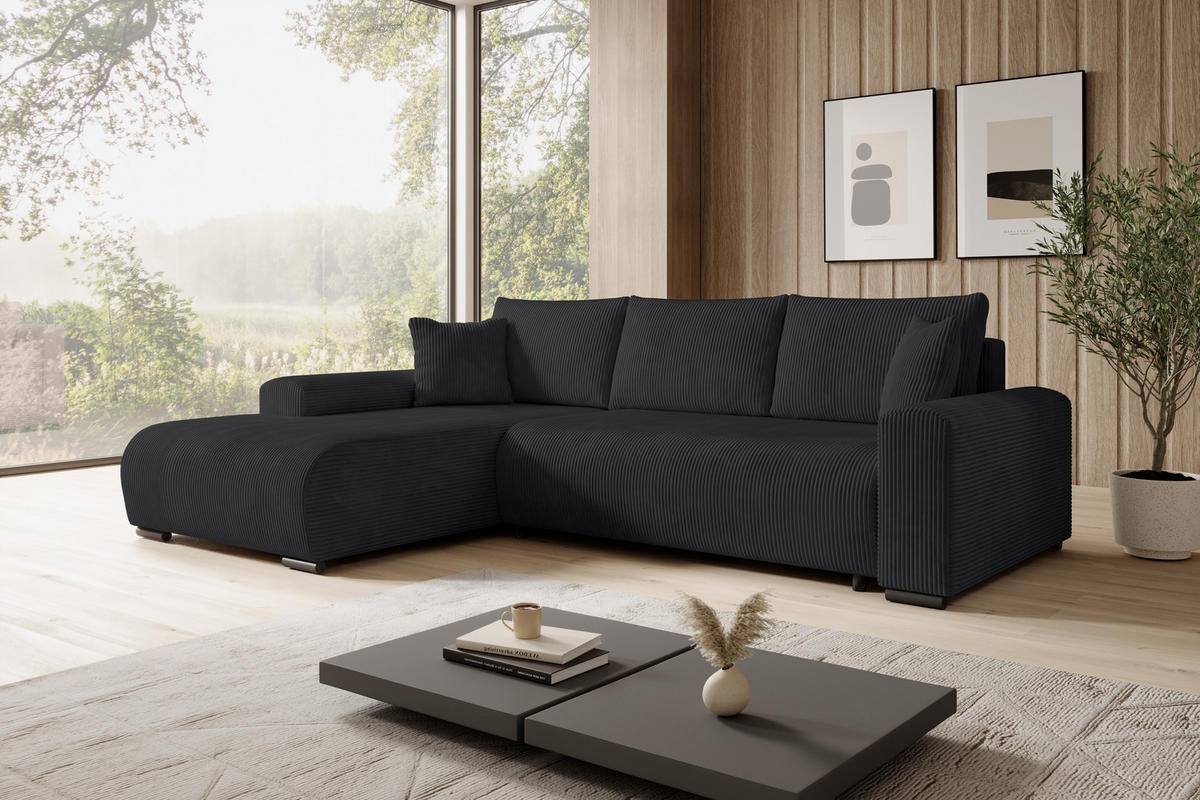 ECKSOFA Nelly mit Bettkasten und Schlaffunktion, Cordstoff in L-Form - Schwarz, Textil (270/185cm)