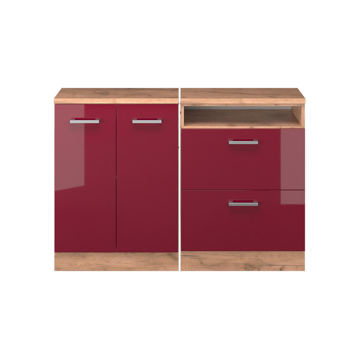 KUHINJSKI ORMAR ZA KOSINE KROVA R-Line Crveni visoki sjaj 120 cm Set od 2 korpusa ormara, dubina 60 cm - hrast medunac/crvena, drvni materijal (120/83.8/60cm) - Vicco