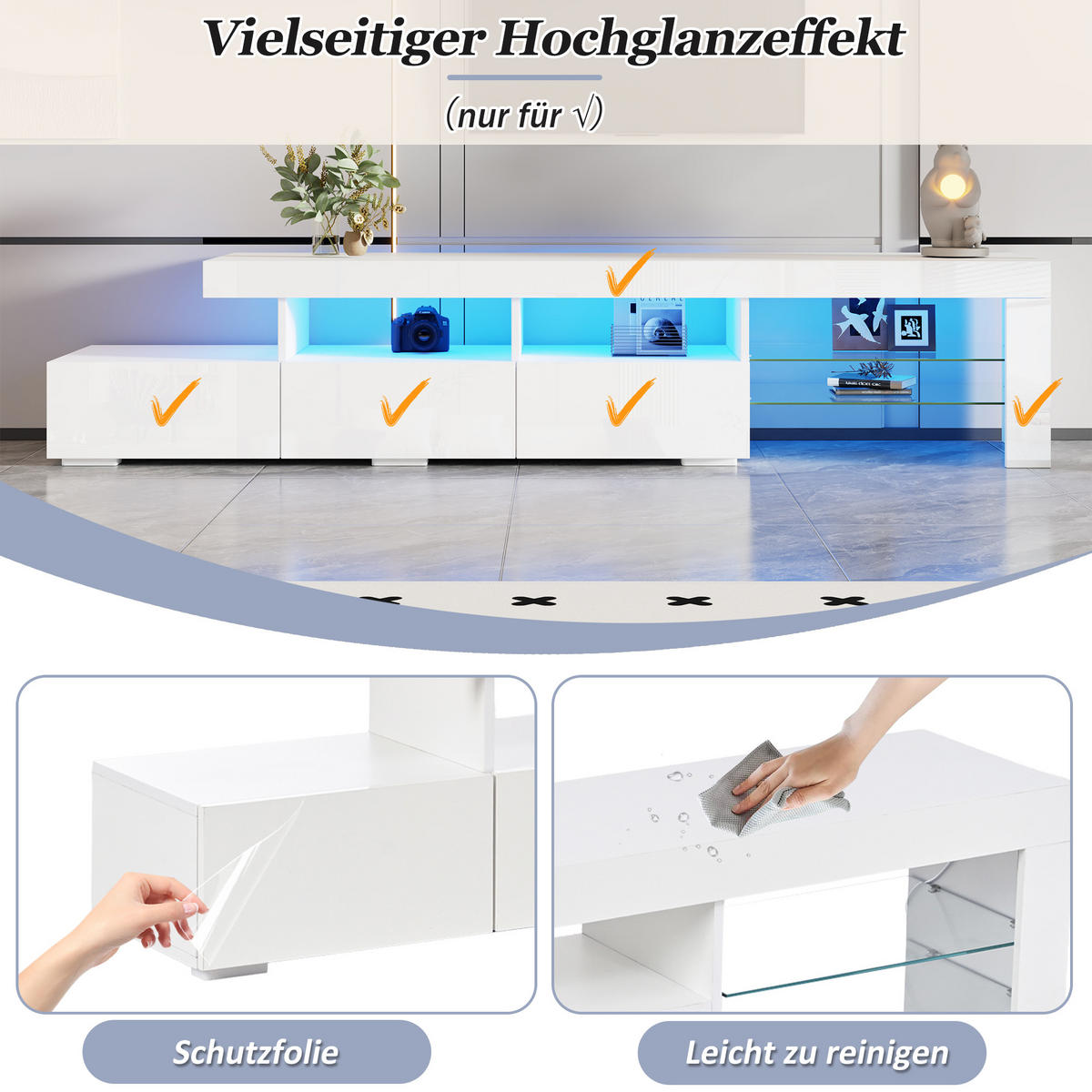 TV-SCHRANK LED Hochglanz 3 Schubladen 180cm Weiß - Weiß, Holzwerkstoff (180/45/35cm) - FLIEKS