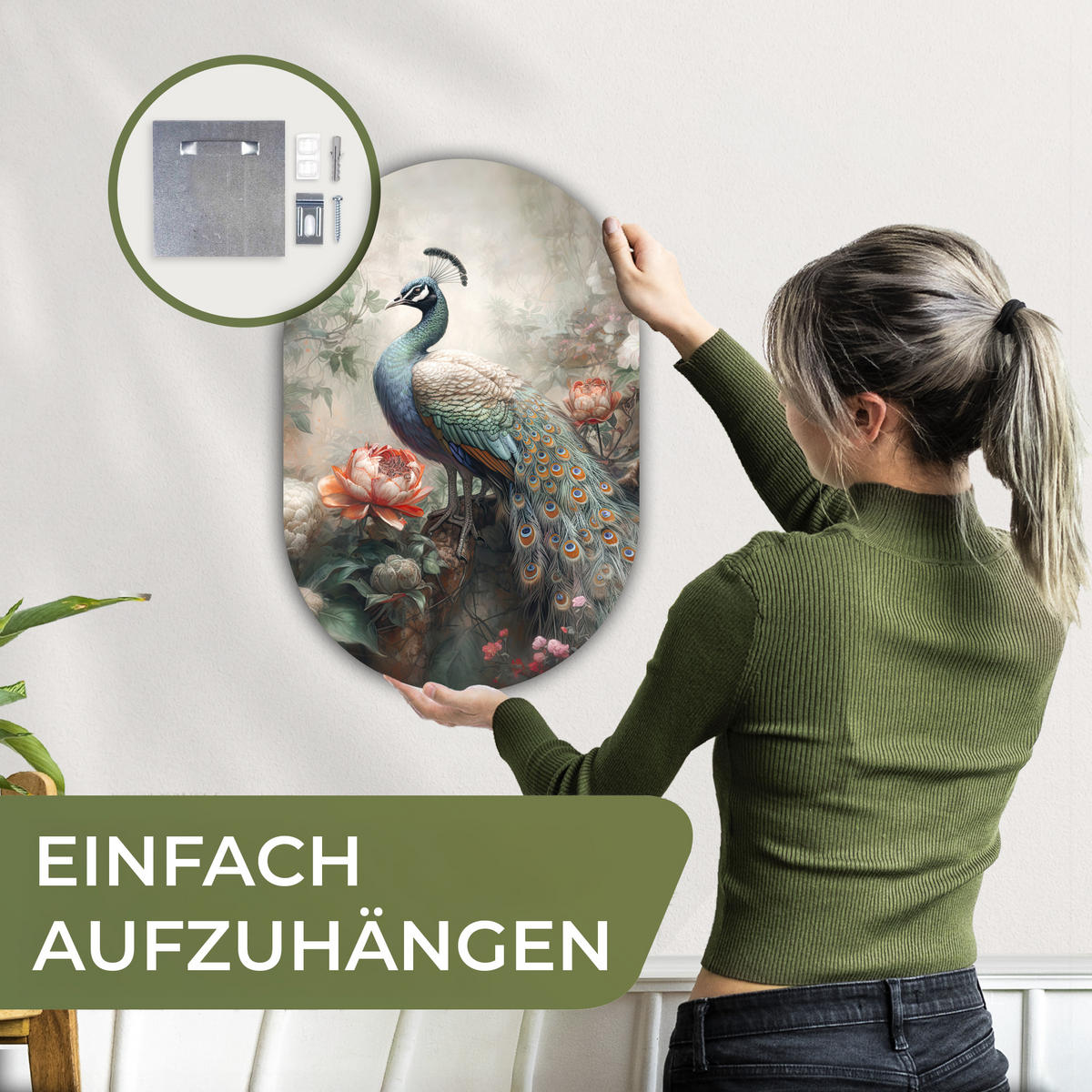 WANDBILD Pfau - Pfauenfedern - Vogel - Dschungel - Blumen 40x60 cm - Smaragdgrün, Kunststoff (40/60cm) - MuchoWow