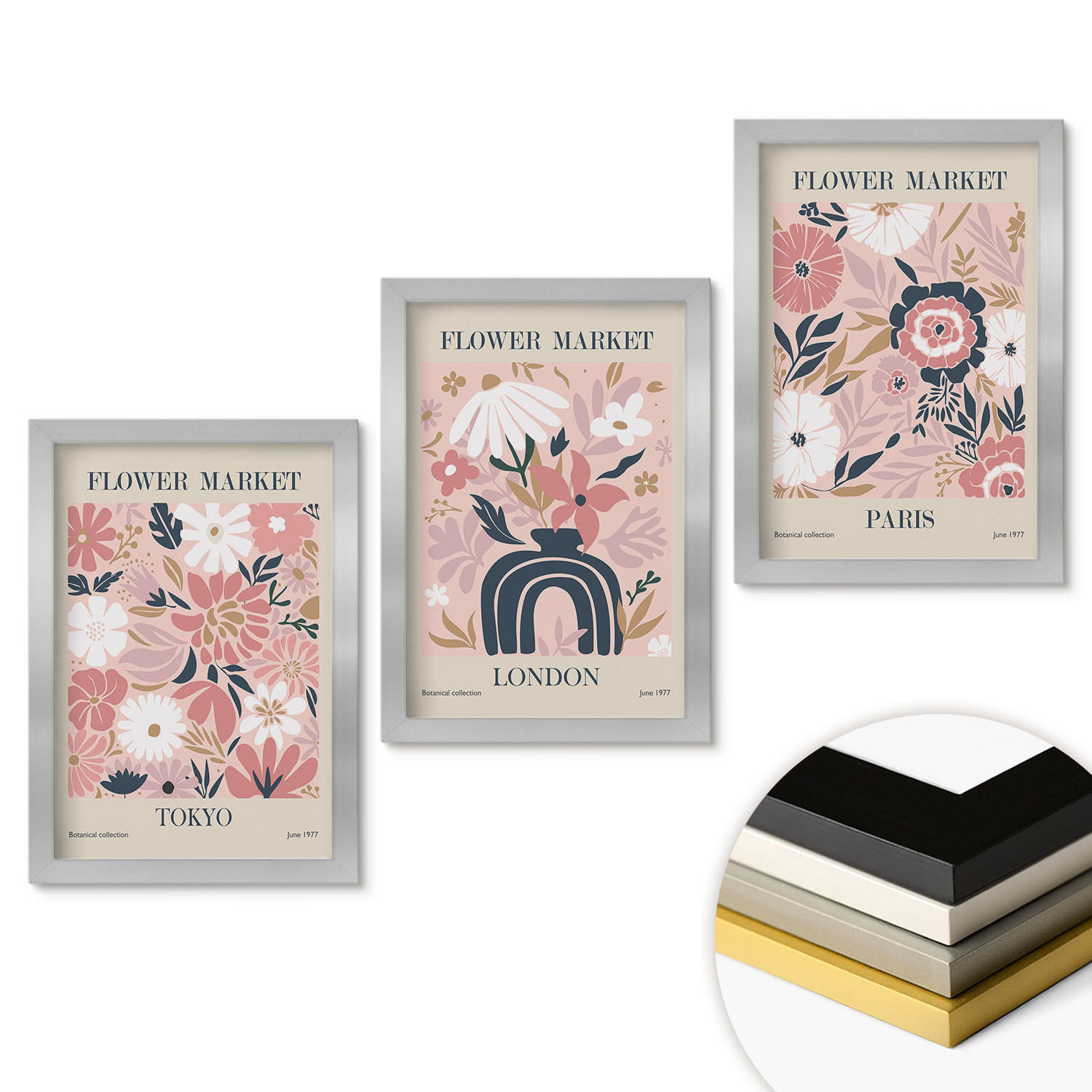 WANDBILDER 3er Set - 20x30 cm Silberner Rahmen - Blumenmotive Tokio London Paris - Silberfarben, Kunststoff (20/30cm) - ArtPrintCave