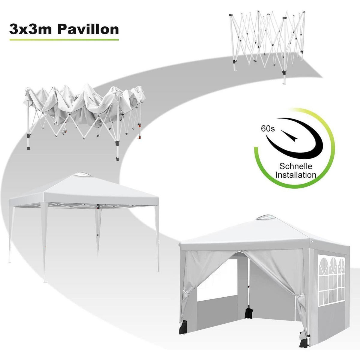 PAVILLON 3 x 3 m Weiß mit 4 Seitenteilen - Weiß, Textil (300/206/300cm)