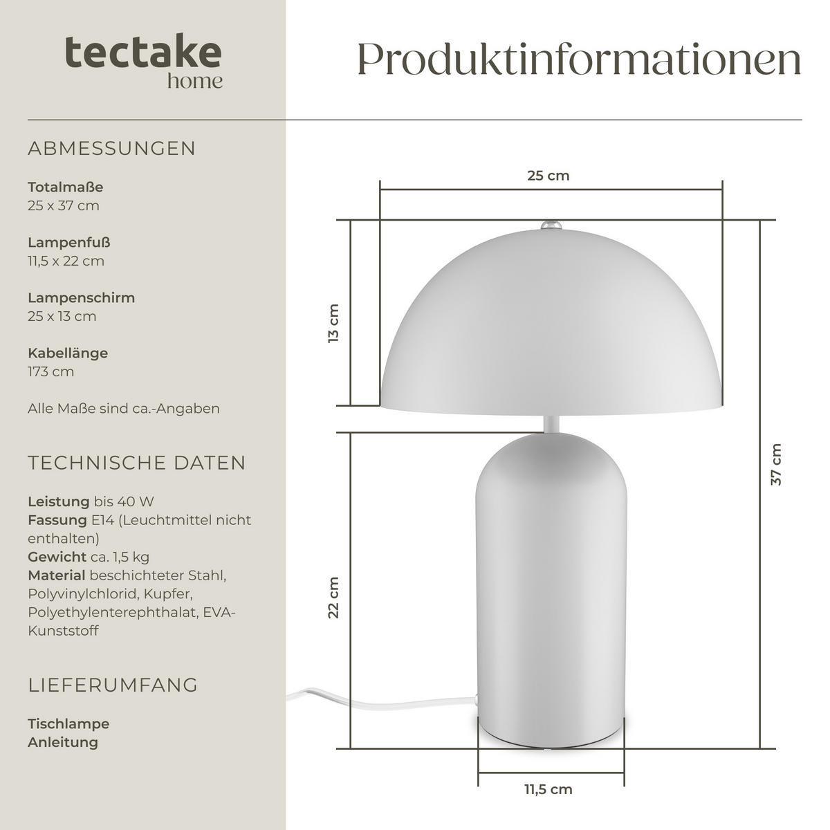 RETRO-TISCHLAMPE Altea,25 x 37 cm,weiß - Weiß, Metall (25/25/37cm) - tectake