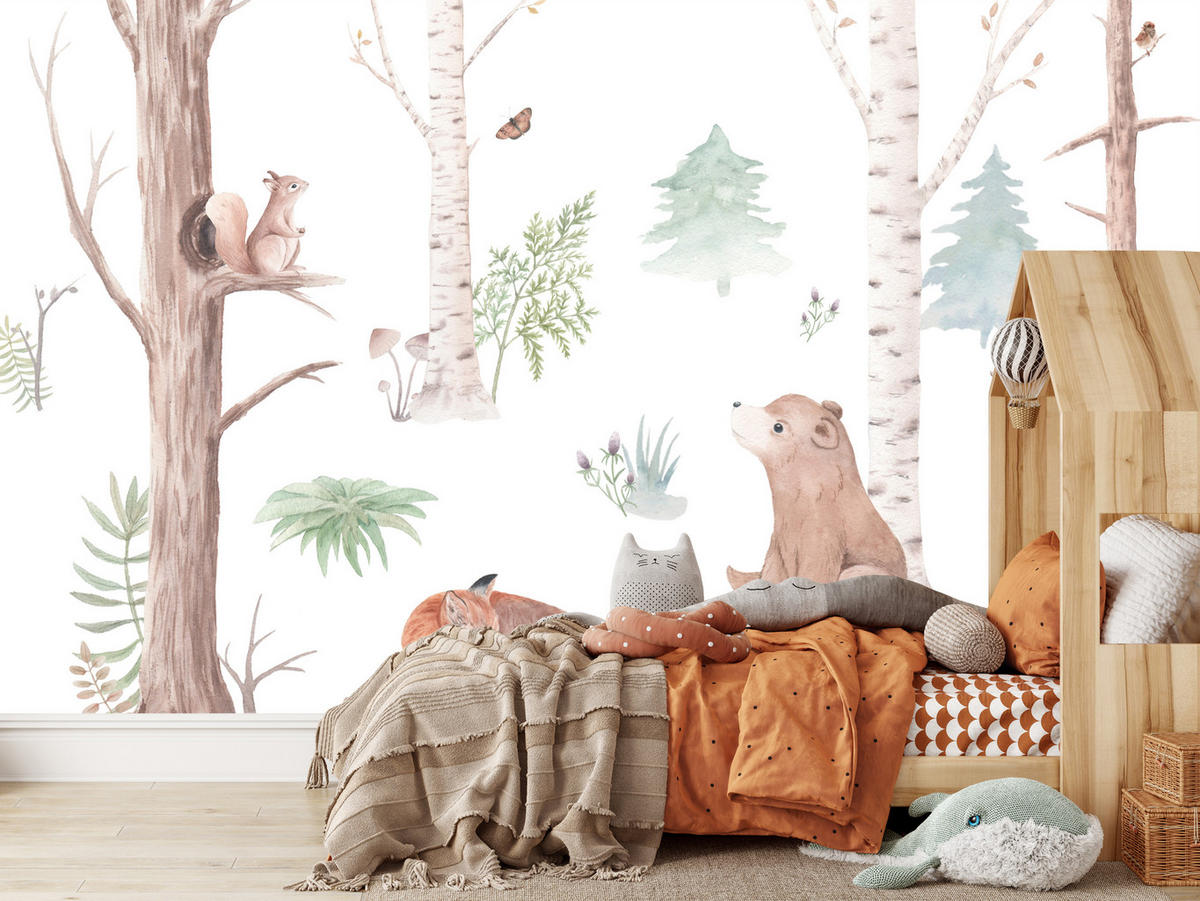 FOTOTAPETE für Kinderzimmer Wilde Waldtiere Aquarell Bäume 500x350 - Orange/Braun, Papier (500/350cm) - Muralo