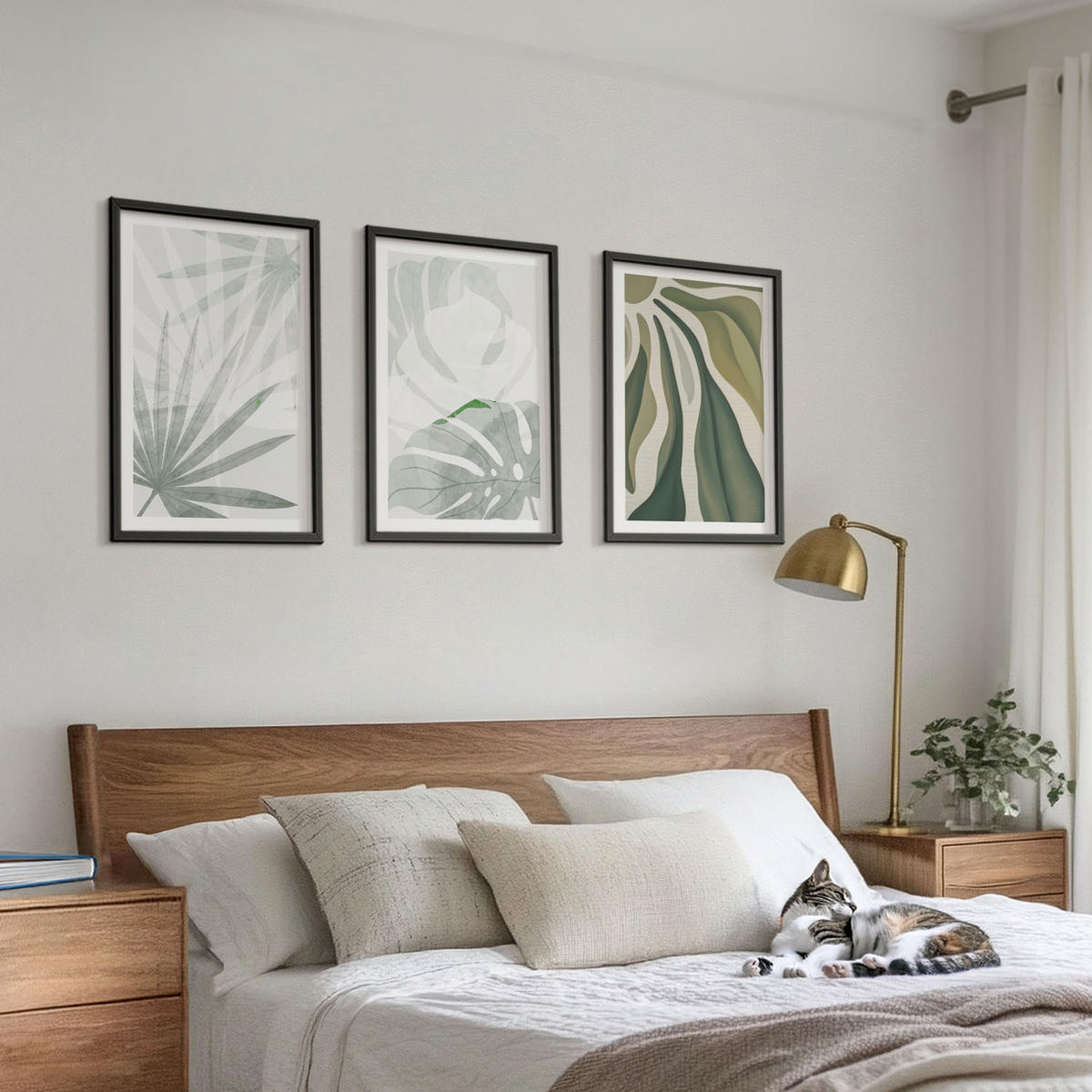 WANDBILDER 3er-Set - 40x60 cm Schwarzer Rahmen - Blätter von Pflanzen in Grün und Grau - Schwarz, Kunststoff (40/60cm) - ArtPrintCave