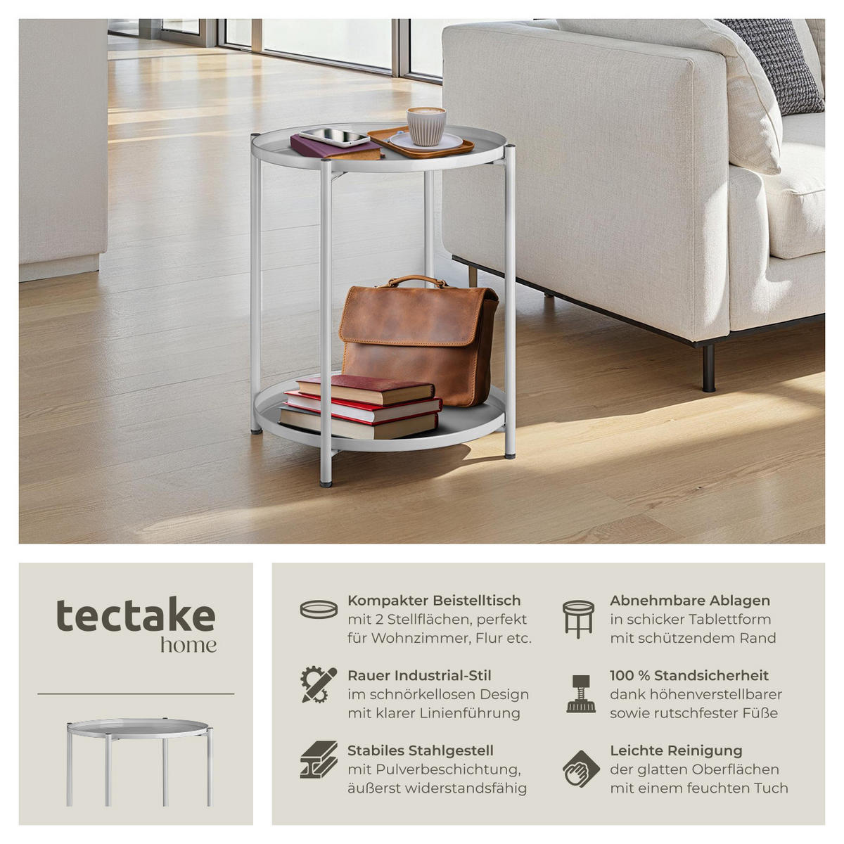 BEISTELLTISCH Oxford,45,5 x 45,5 x 53 cm,grau - Grau, Metall (45.5/45.5/53cm) - tectake