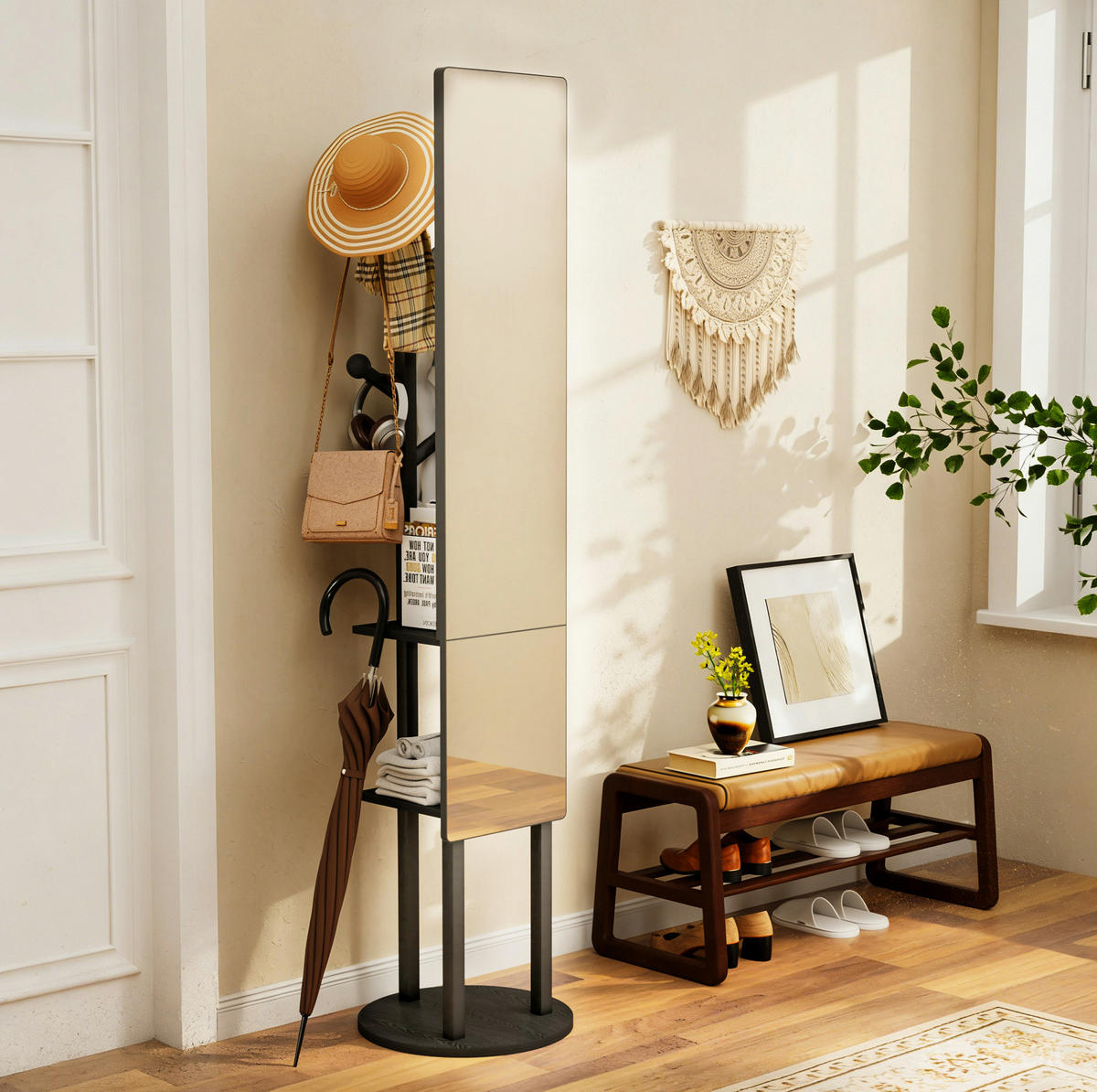 STANDGARDEROBE mit Spiegel in Schwarz 40/40/174 cm drehbar - Schwarz, Holzwerkstoff (40/174/40cm) - BEAOK