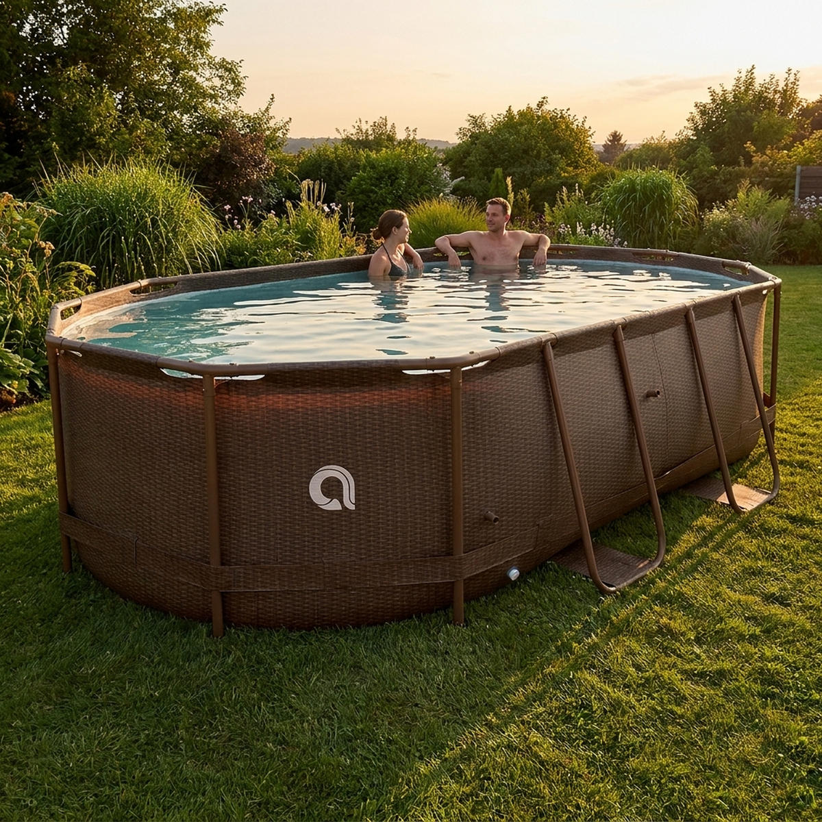 POOL Komplettset Framepool oval 427x275x100 cm rattan-braun mit Filterpumpe - Braun, Kunststoff/Metall (275/100/427cm) - Avenli