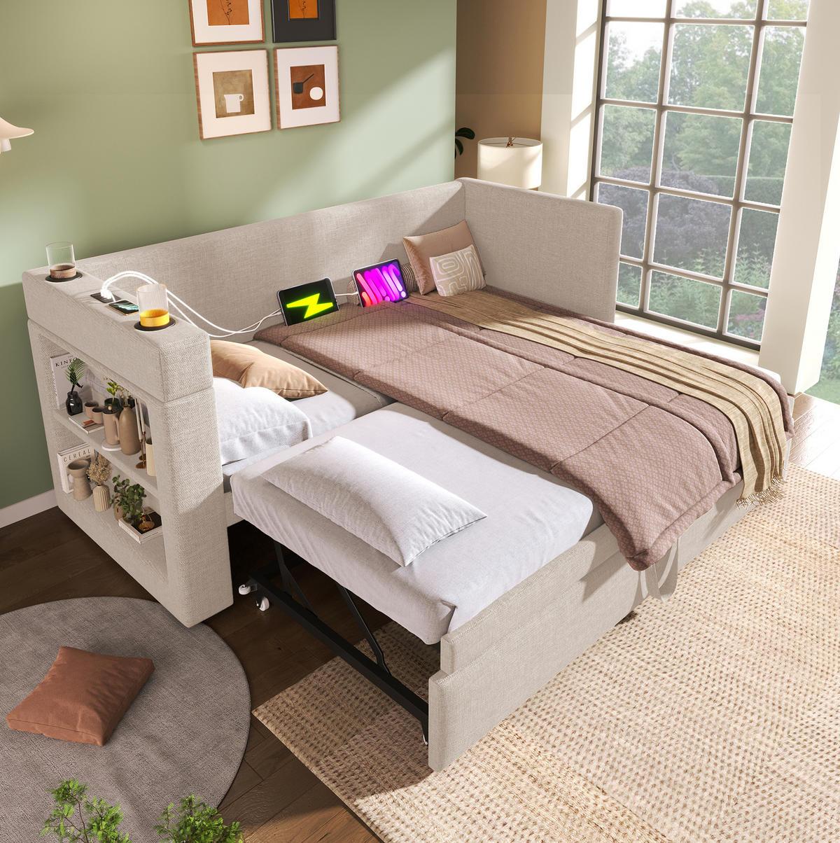 POLSTERBETT 90/190 cm mit Ausziehbett, USB-C und Getränkehaltern - Beige, Textil (90/190cm) - BEAOK