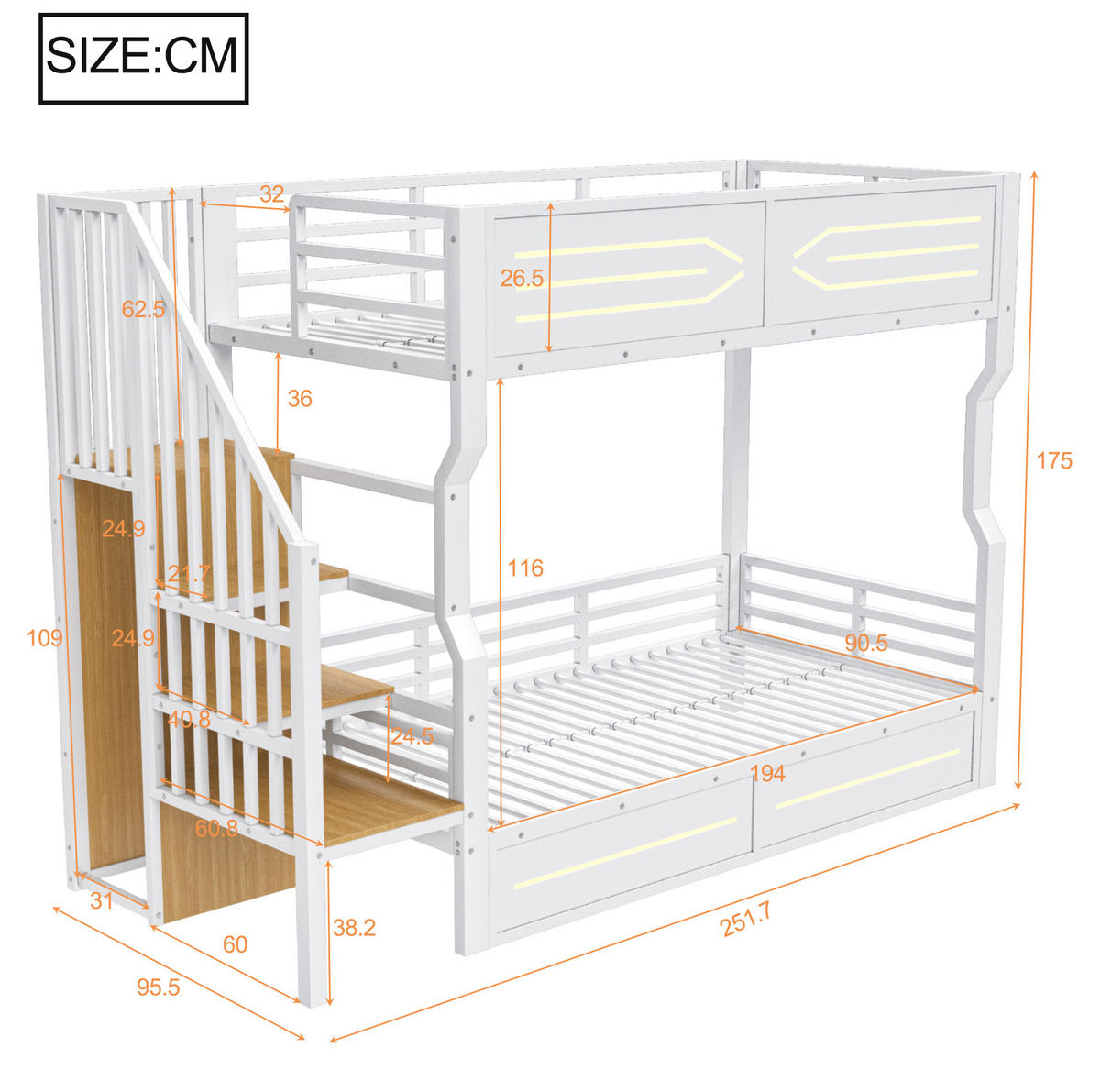 ETAGENBETT 90/200 cm mit LED-Beleuchtung, Stauraumtreppe und Sicherheitsgitter, MDF und Metall, Weiß - Weiß, Holzwerkstoff (90/200cm) - Redom