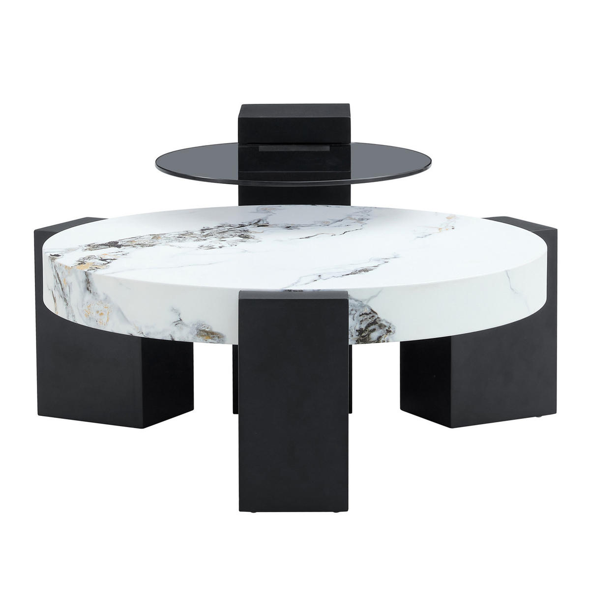 BEISTELLTISCH-SET aus MDF und Glas 61x61x30/44x44x44 cm Weiß/Schwarz zerlegbar mit Marmor-Optik und 2 Ebenen - Schwarz, Holzwerkstoff (61/61/30cm) - Modfu