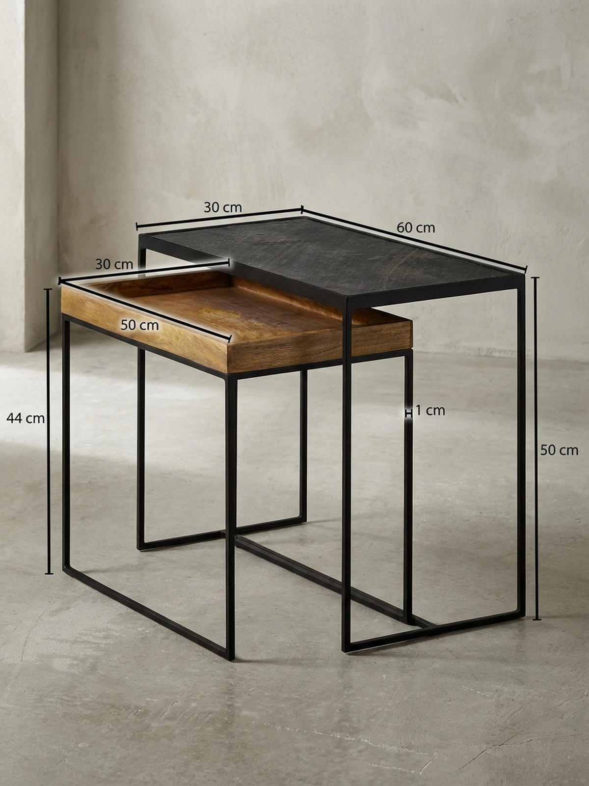 BEISTELLTISCH Set – Mango Massivholz Eisen Anthrazit Braun Industrial - Schwarz/Braun, Holz/Metall (30/60/50cm) - KADIMA DESIGN