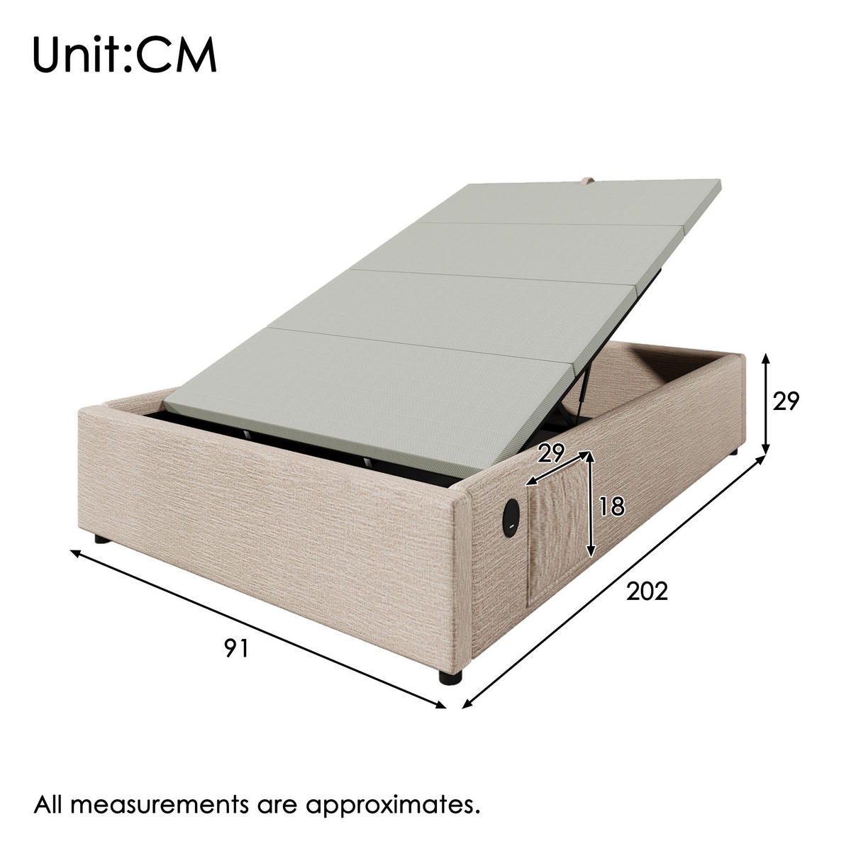 POLSTERBETT 90/200 cm mit Bettkasten und USB-C, ohne Kopfteil, in Natur - Beige, Textil (90/200cm) - BEAOK
