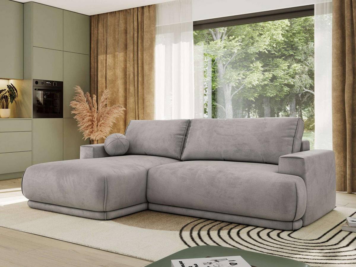 ECKSCHLAFSOFA RINA L Hellgrau Velvet - links - Hellgrau/Schwarz, Kunststoff/Textil (267/170cm) - MKS