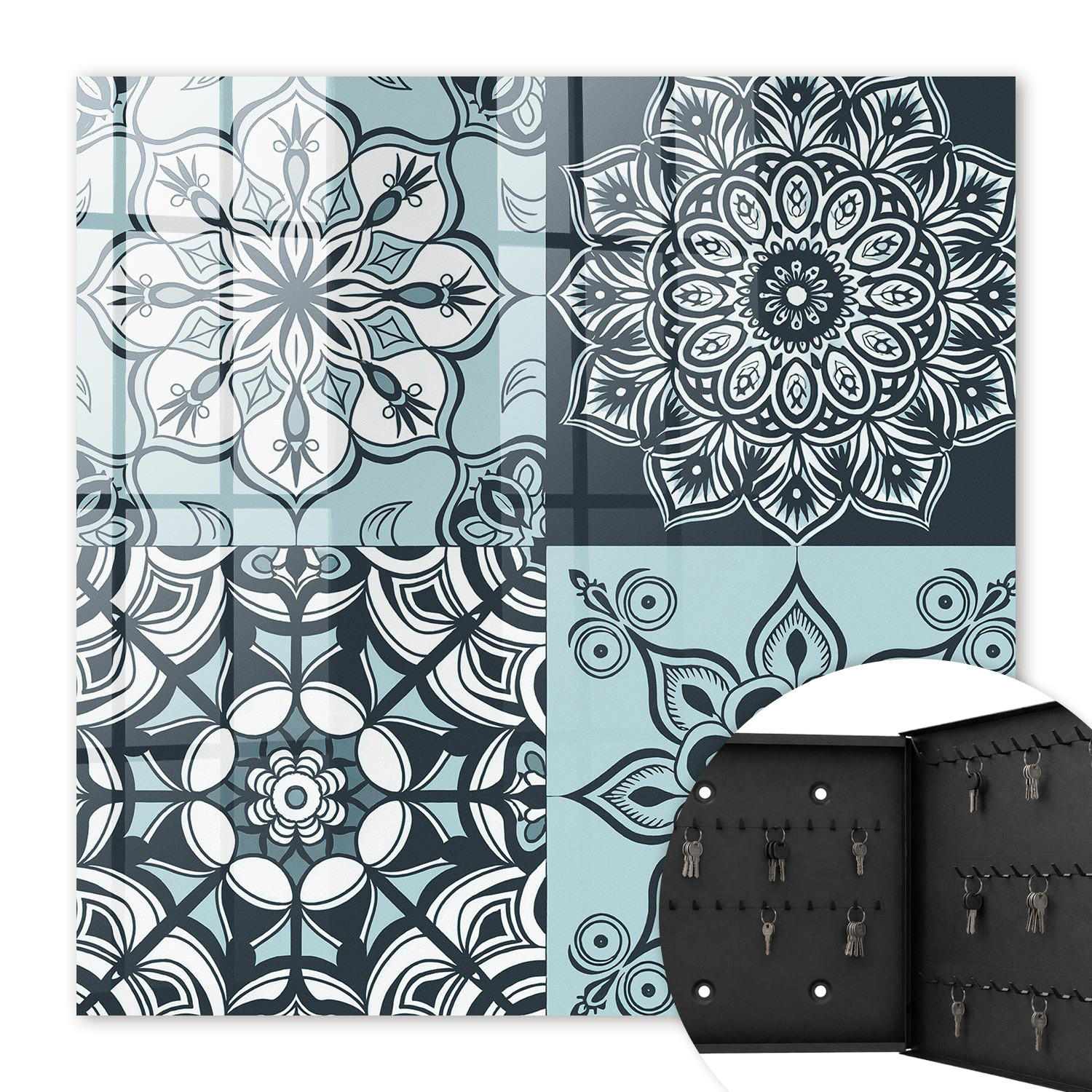 SCHLÜSSELBOX Schwarz 30x30 cm- Türöffnung nach rechts - Geometrische Muster - Blau, Metall (30/30/5cm) - TULUP