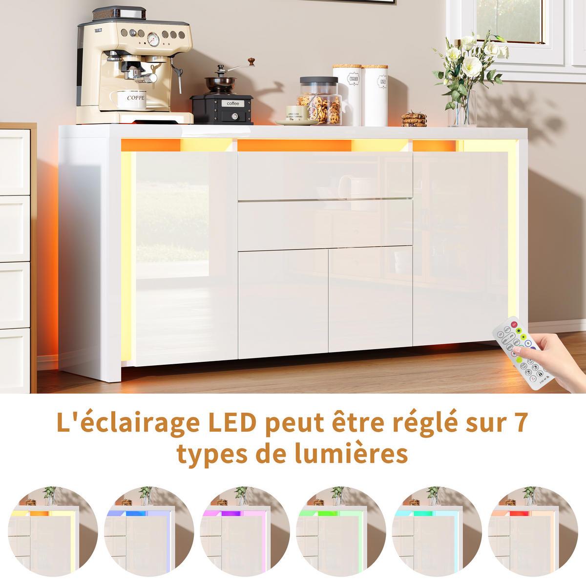 SIDEBOARD 160x35x75 cm 2 Schubladen 4 Türen LED weiß - Weiß, Holz (160/75/35cm) - LEBENLANG