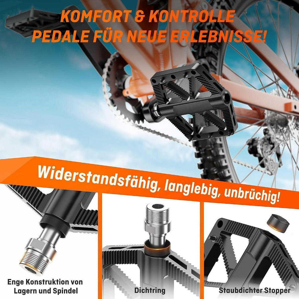 FAHRRADPEDALE 9/16 Zoll Set Aluminium rutschfest für Mountainbike E-Bike Stadtrad - Schwarz, Kunststoff (1.3/1.5/10.5cm)